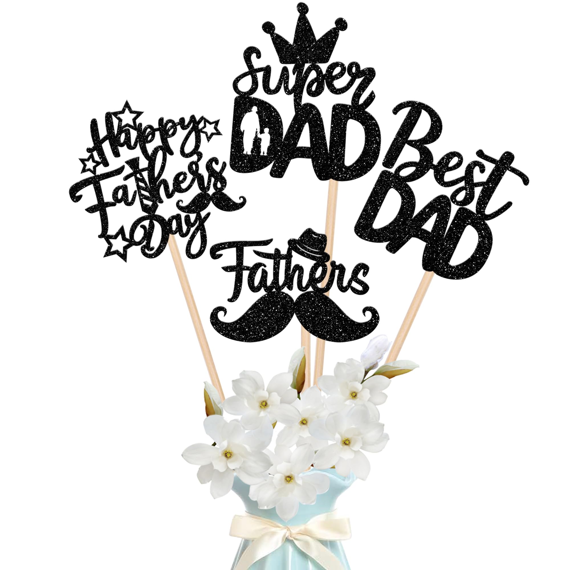 12 PCS Happy Father's Day Centerpiece Sticks Double Sided Glitter Moustache Hat Super Dad Best Dad Centerpieces for Happy Father's Day Theme Table Flower Decorations Men Birthday Party Supplies Black