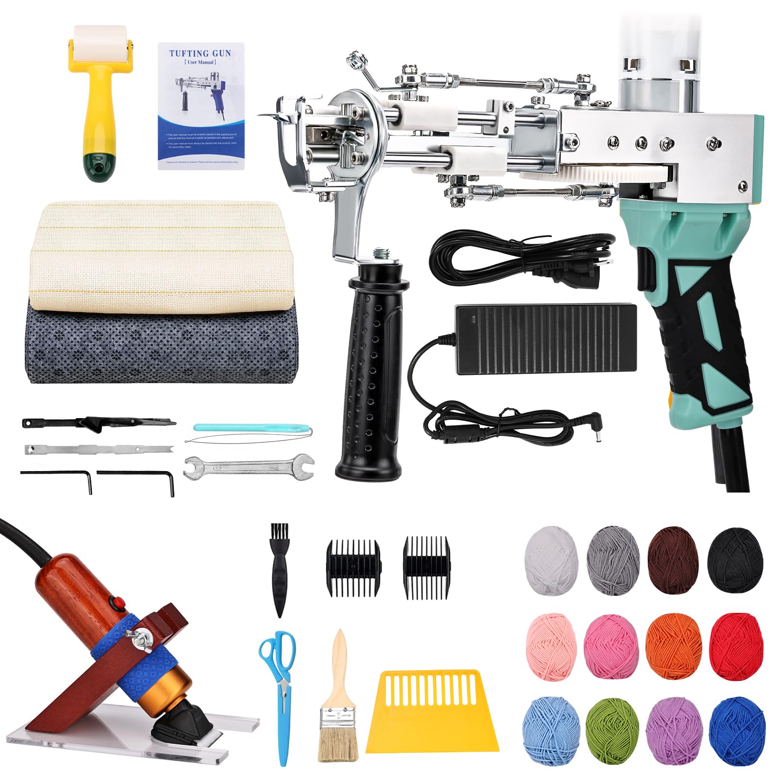 ZOWWFAST Rug Tufting Gun Kit with Carpet Trimmer Kit, Anti-Slip Rug Gun with Digtial Speed Display,Tufting Machine with Tufting Cloth|Yarn |KitRoller|Brush|Scraper |Stamper Green