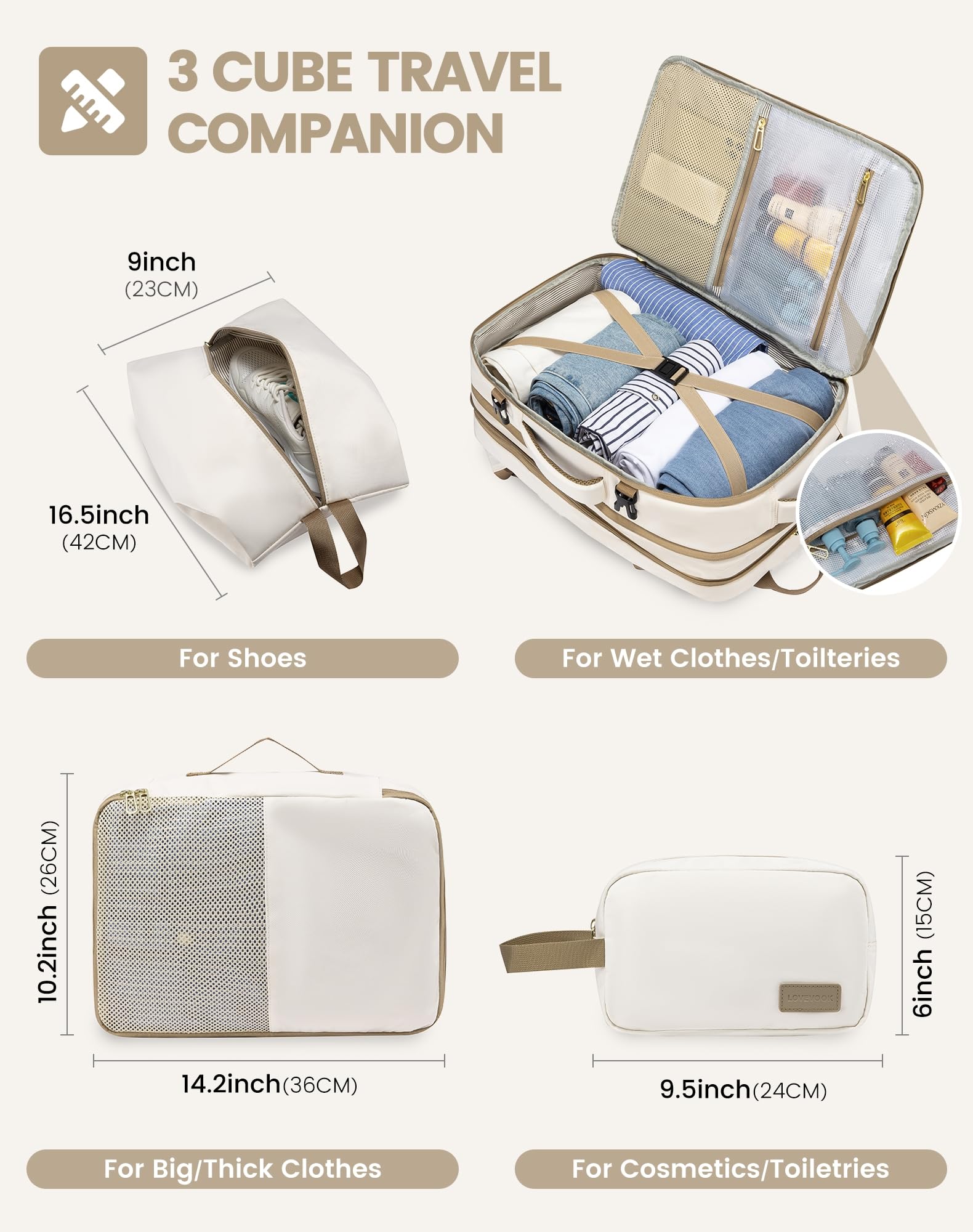 LOVEVOOK Zaino Da Viaggio Borse Da Cabina Per Easyjet Ryanair Zaino Aereo Bagaglio A Mano Uomo Donna Zaino Porta PC 17,3 Pollici Zaino 40 Litri Grande Trekking Travel Bag Zaino Beige Cachi