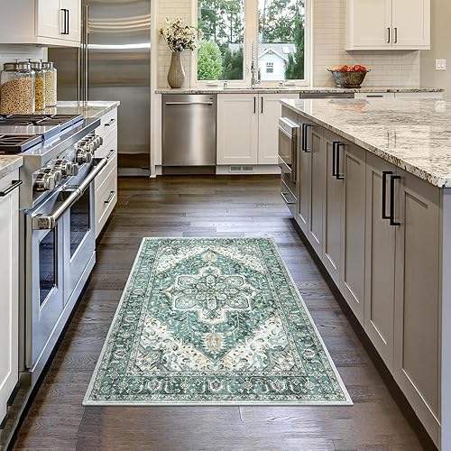 Miniatura 6 de Anidaroel Alfombra oriental lavable  Alfombra de entrada de 3 x 5 pies, alfombra verde para dormitorio, antideslizante, de pelo bajo, alfombra de
