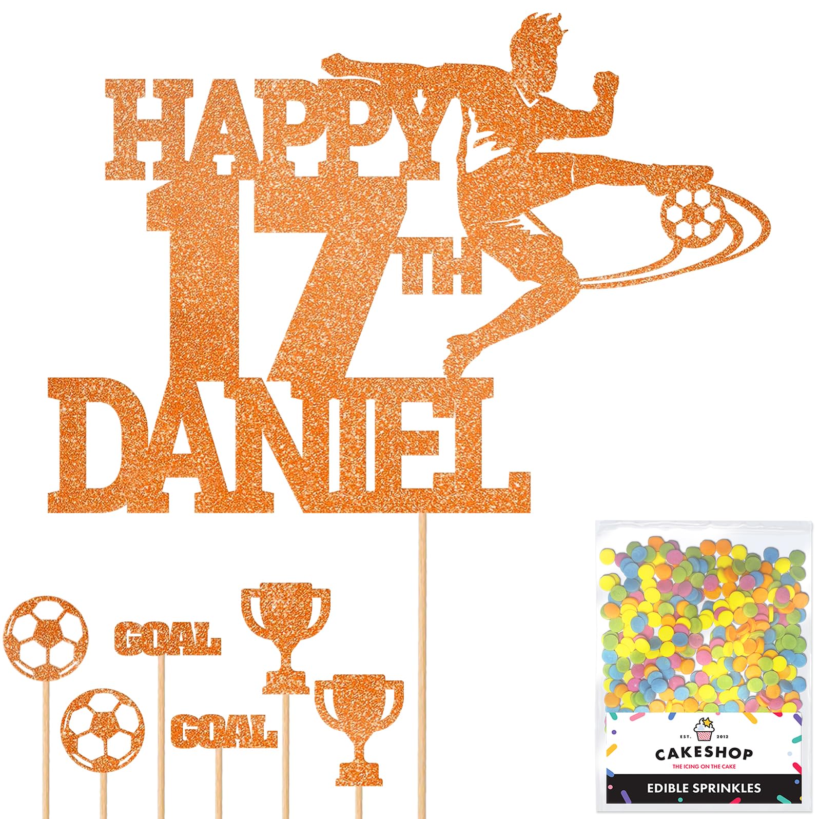 Personalised Birthday Football Footballer Cake Topper- Copper Orange Any Name & Age Glitter Cake Decoration and Sprinkles - Happy Birthday Decorations - Personalised Toppers for Cakes by Cakeshop