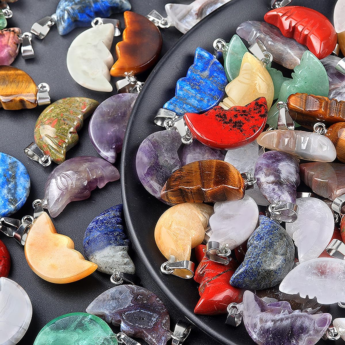 LHJ 10 Pcs Natural Stone Pendants Moon Shape Vivid Face Carved Healing Quartz Crystal Gemstone Charms for Jewelry Making Necklace Gift - Image 5