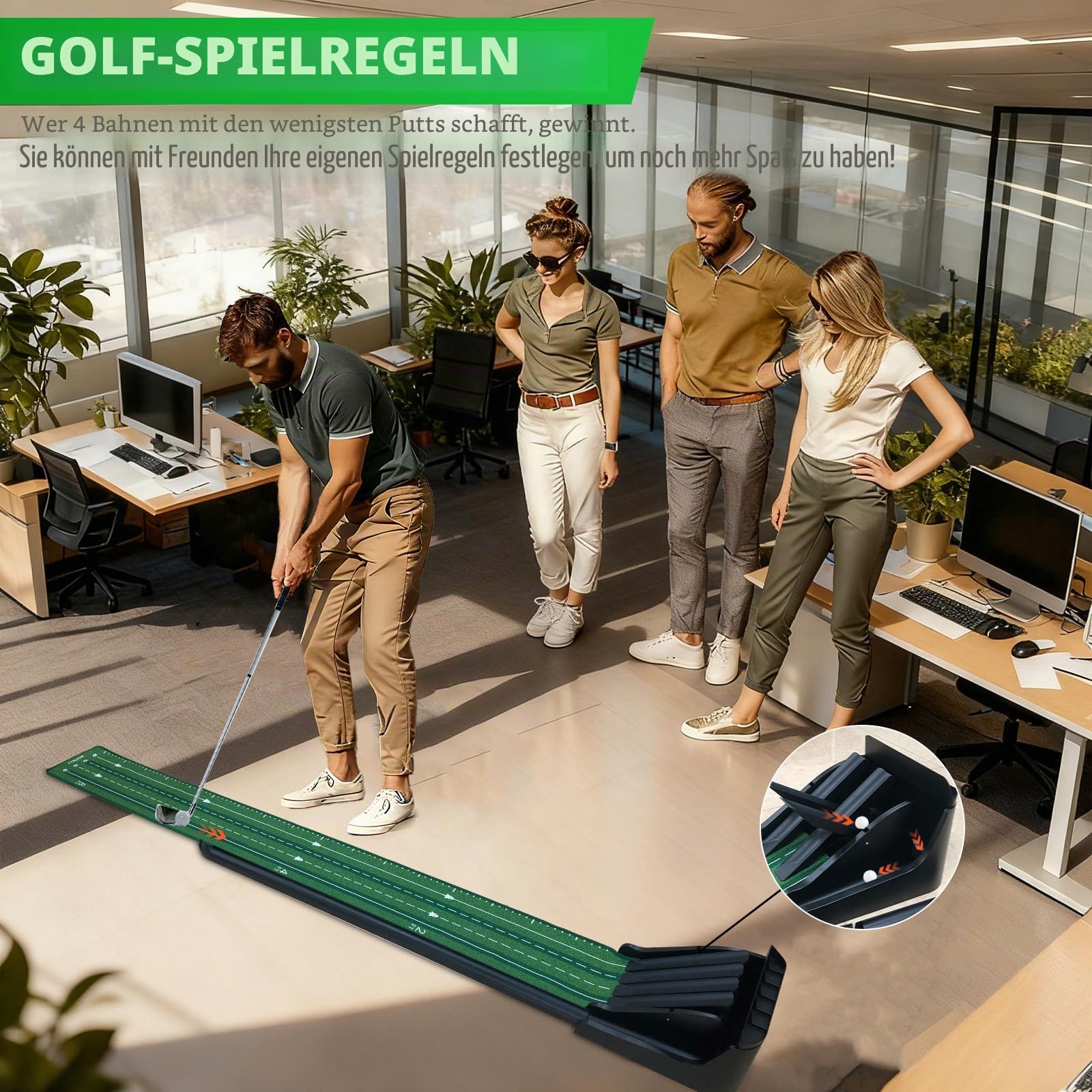 KOFULL Golf Putting Matte mit Ball rücklauf Puttingmatte für den Innenbereich, Pisten-Design, Übungsspiel für Zuhause, Büro, drinnen und draußen