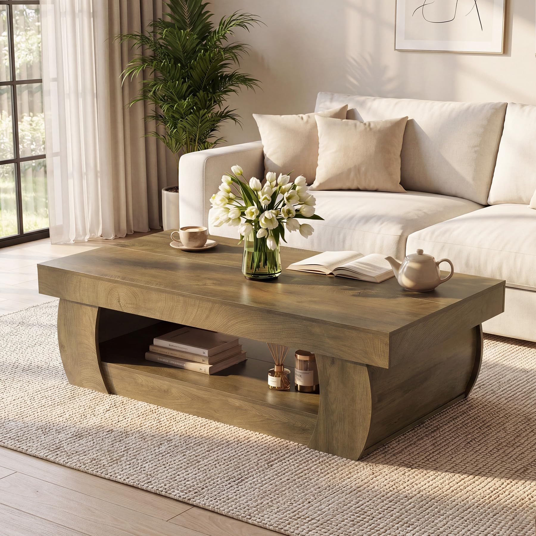 Tribesigns Couchtisch 140 cm mit Stauraum, Rechteckiger Couchtisch mit Ablage, 2 Ebenen Wohnzimmertisch im Landhausstil, Großer Sofatisch Holz für Wohnzimmer, Rustikal Braun, 140 x 70 x 45 cm
