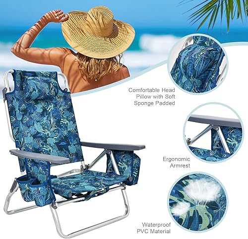 Miniatura 6 de COSTWAY Juego de sillas de playa tipo mochila, 3 piezas, sillas de camping portátiles con soporte para tazas, bolsa de hielo, sillas reclinables al