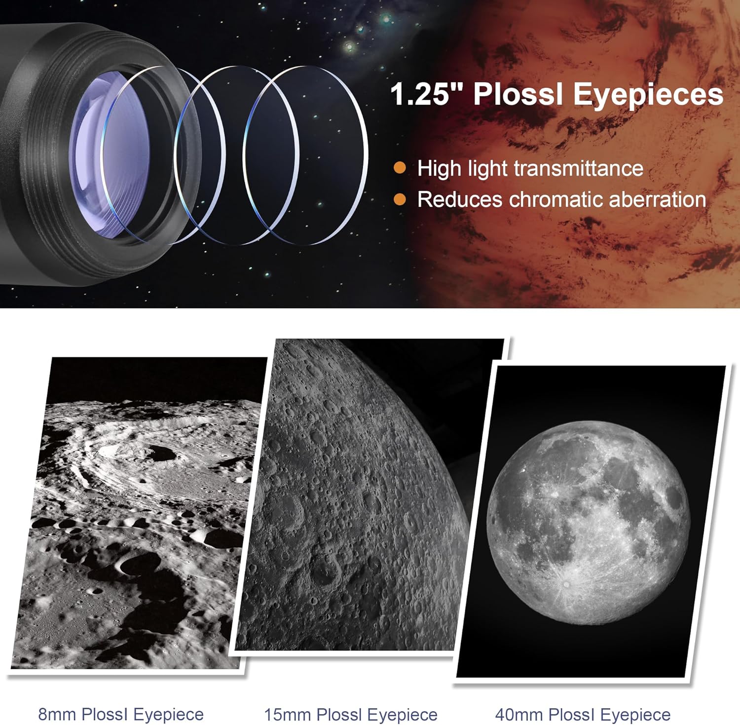 Alstar 1.25 Inch Plossl Telescope Eyepiece Set - 8mm 15mm 40mm Fully Multicoated Optical Lens for 1.25inch Astronomic Telescope and Astronomy Filters - 4 Element Plossl Design