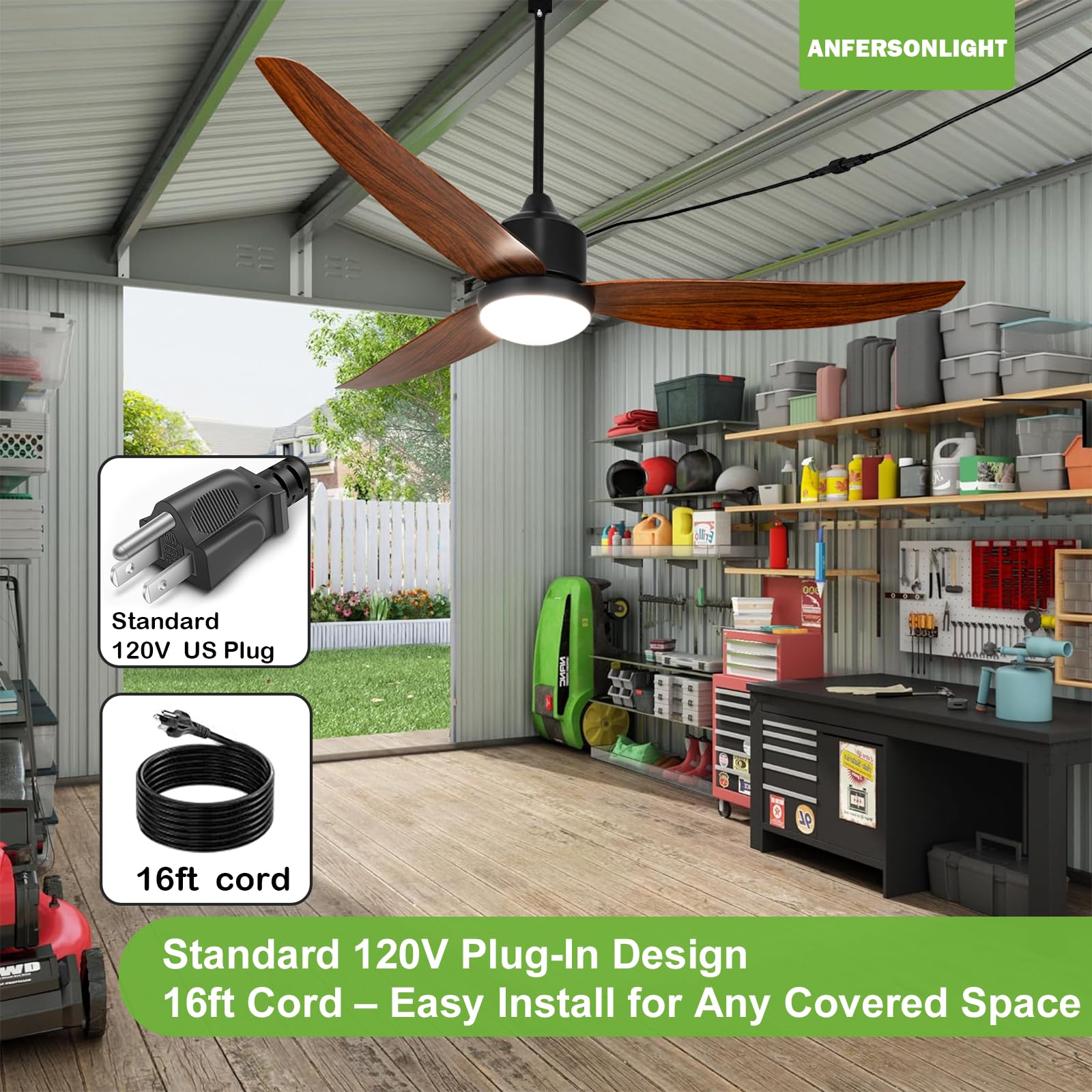 Ventilador de techo exterior con luz y mando a distancia, 132 cm, con 3 alas para tienda de campaña, motor CC impermeable, 6 velocidades reversibles, regulable, temperatura