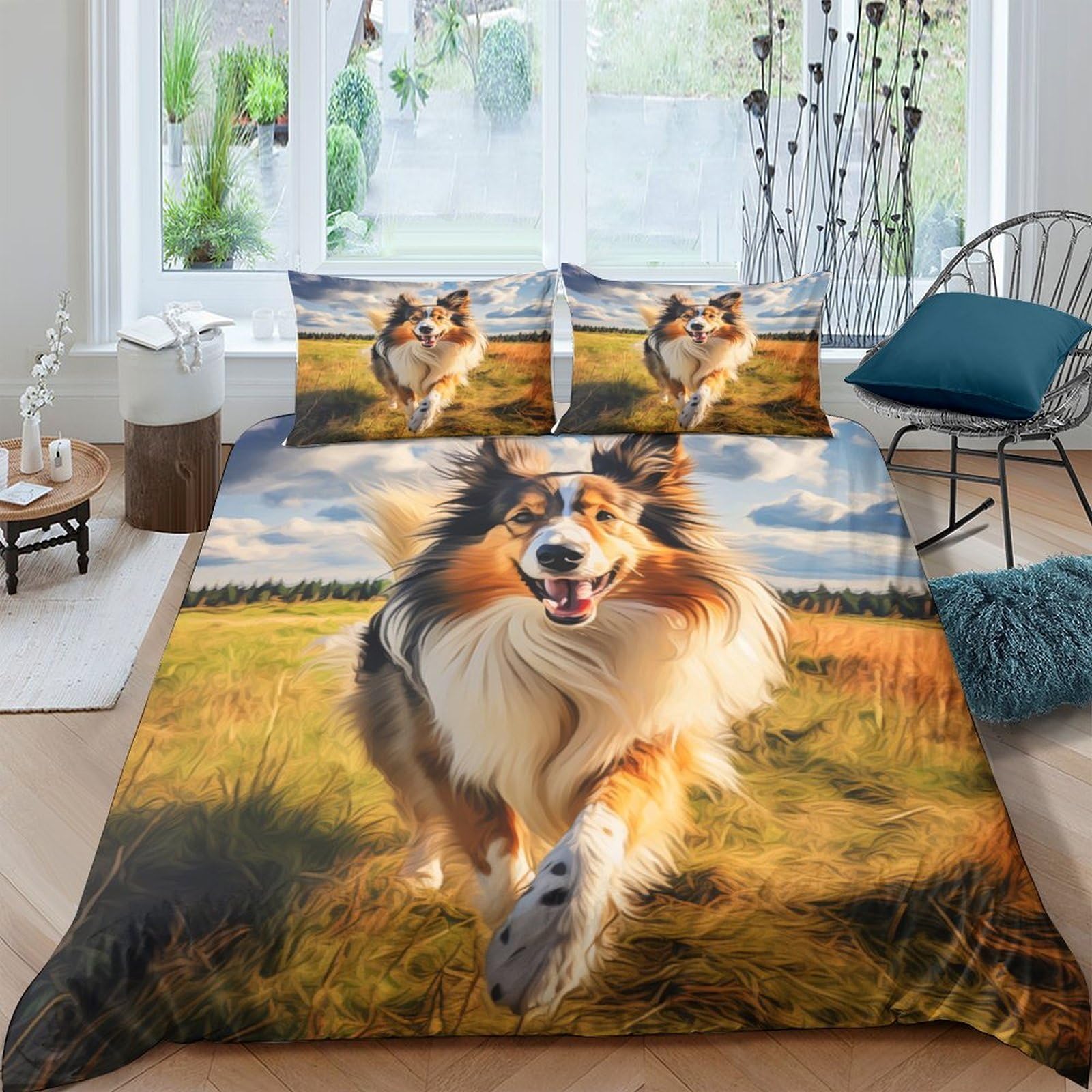 Ctjqhvkz Style-1 3D Printed Running Collie Dog Fitted Sheet Microfiber Soft Breathable Field Landscape Mattress Cover For Bedroom Home Decor Single（135X200cm）