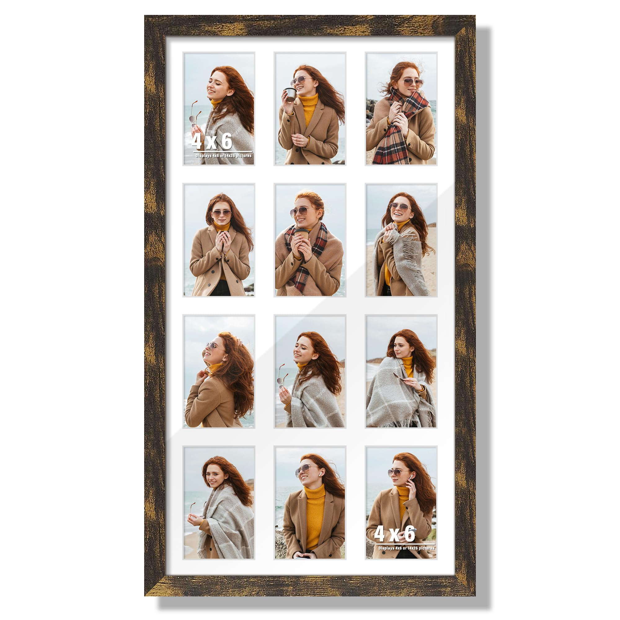 DUENPY 14x26 Collage Picture Frame 4x6 Collage Picture Frame Displays Twelve 4x6 inch Photos Available Horizontal Wall Mounting Display and Vertical Brown