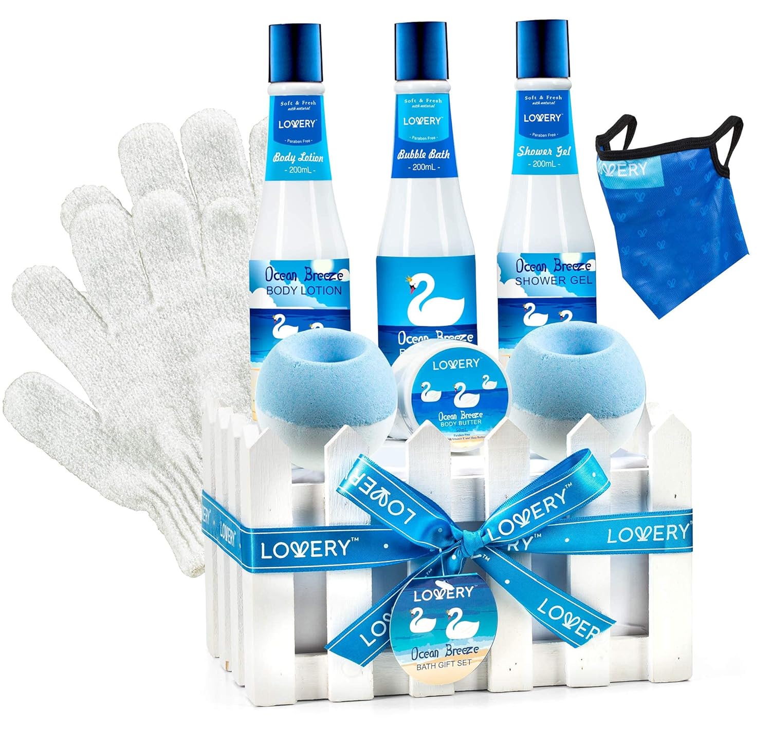 Birthday Gift, Bath Set in Ocean Bliss, Home Spa Gift Basket for Women, Men, Teens, Shower Gel, Bubble Bath, Lotion, Body Butter, Bath Bombs, Face Mask & Shower Gloves -Vit E & Shea Butter