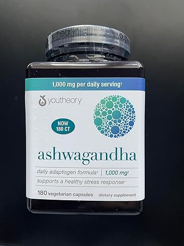 Youtheory Ashwagandha 1000mg con KSM-66 - Ayuda a apoyar una respuesta saludable al estrés, 180 cápsulas (paquete de 1)