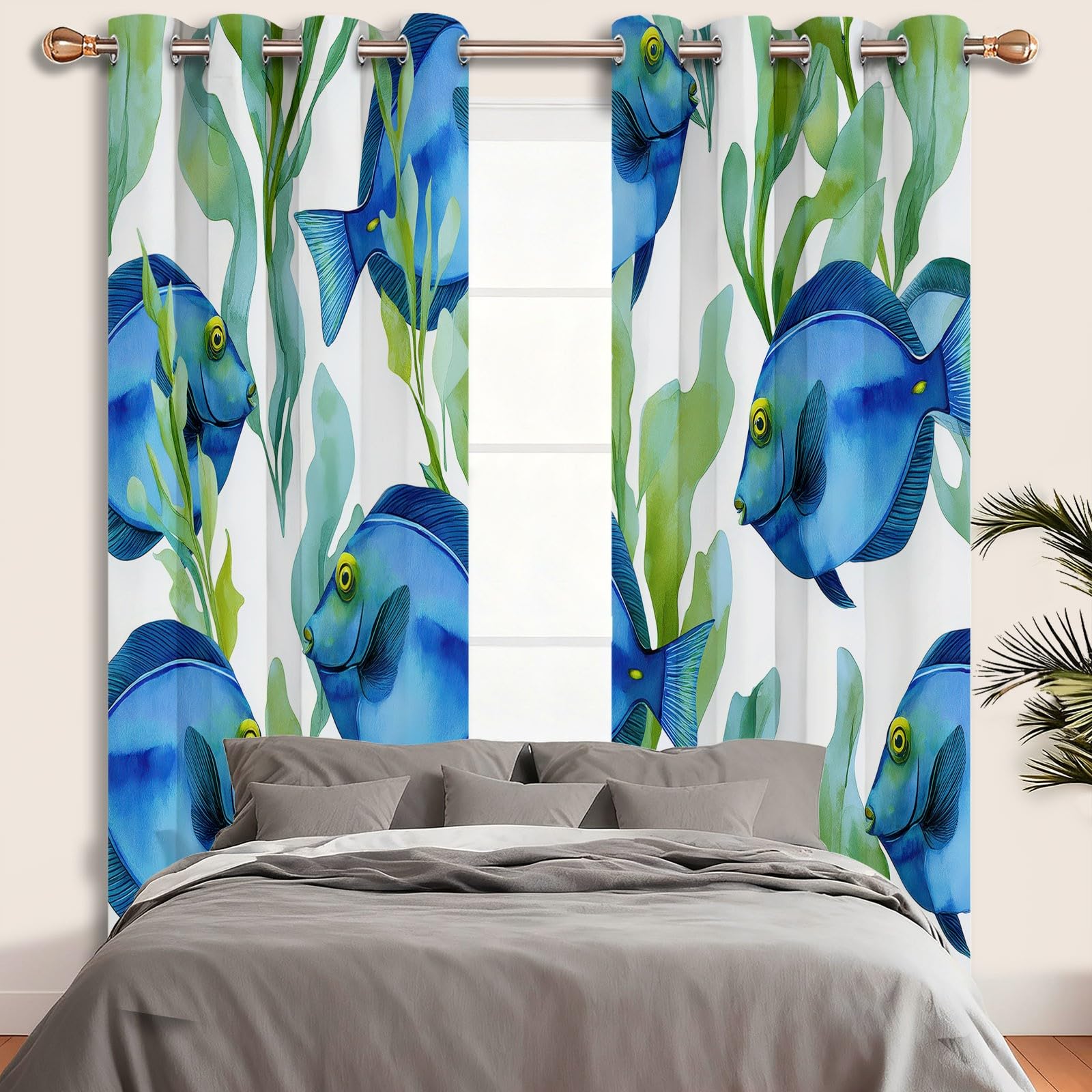 Verdunkelungsvorhänge mit Ösen H 175 × B 140 cm (2er Set), Aquarell Ozean Doktorfisch Bedruckte Thermo Vorhänge für Schlafzimmer & Kinderzimmer, Blickdichte Gardinen Lärmschutz, Weiß