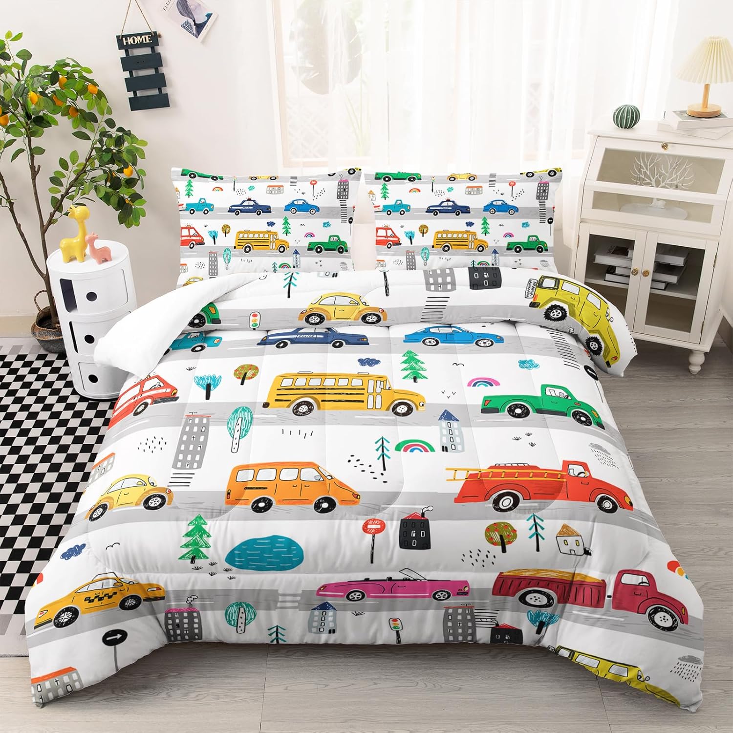 Cartoon Car Kids Comforter Set Bed in A Bag Queen Size, Colorful Car Bedding Set for Boys Kids, 1 Comforter and 2 Pillowcases Style 4 Queen