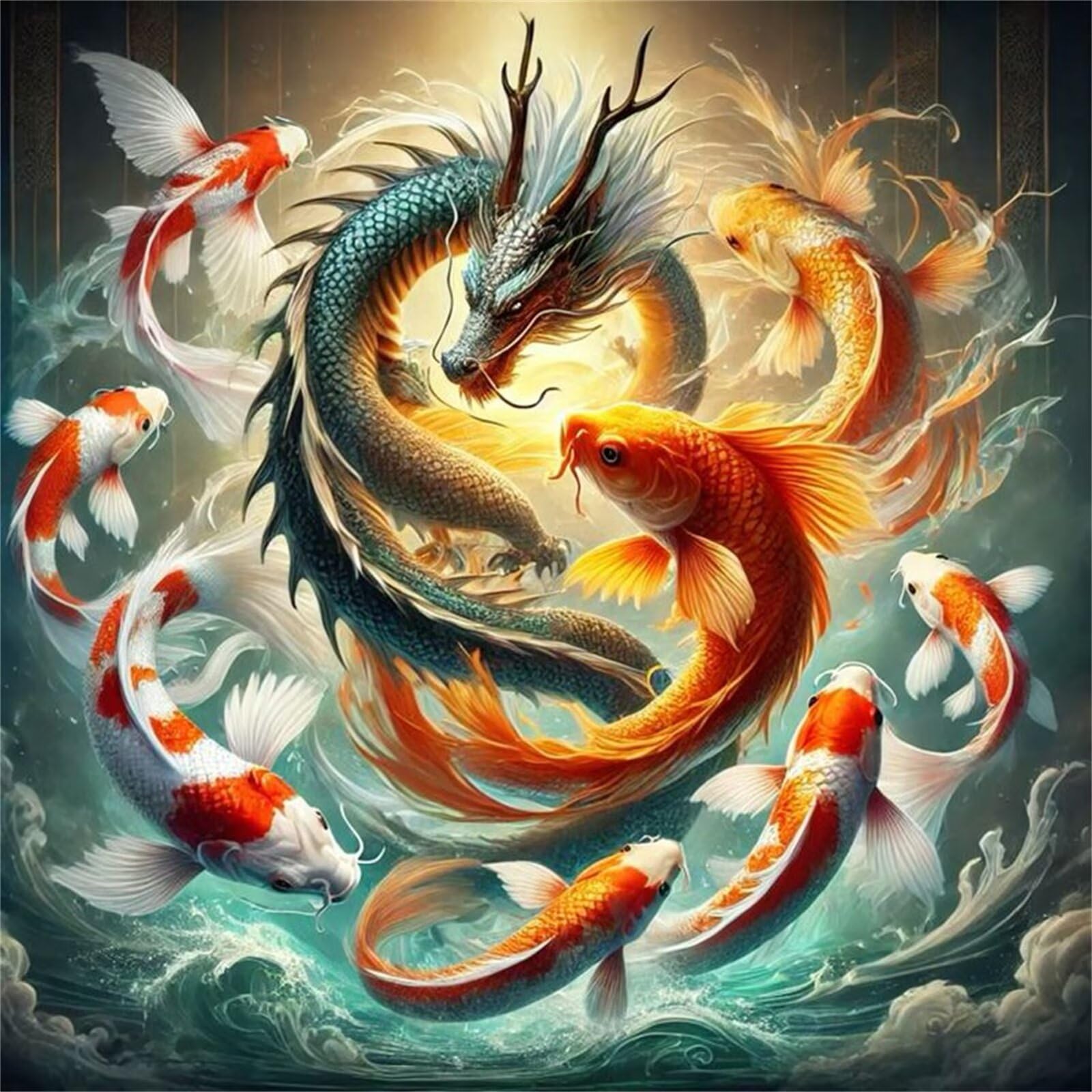 DIY diamentowy obraz krajobraz Koi Dragon,5D Diament Malarstwo Pełny zestaw, Haft Malarstwo Diamentowe Sztuka dla dorosłych Kryształ Rhinestone Ścieg krzyżykowy Malarstwo Kwadratowe dekoracje domu