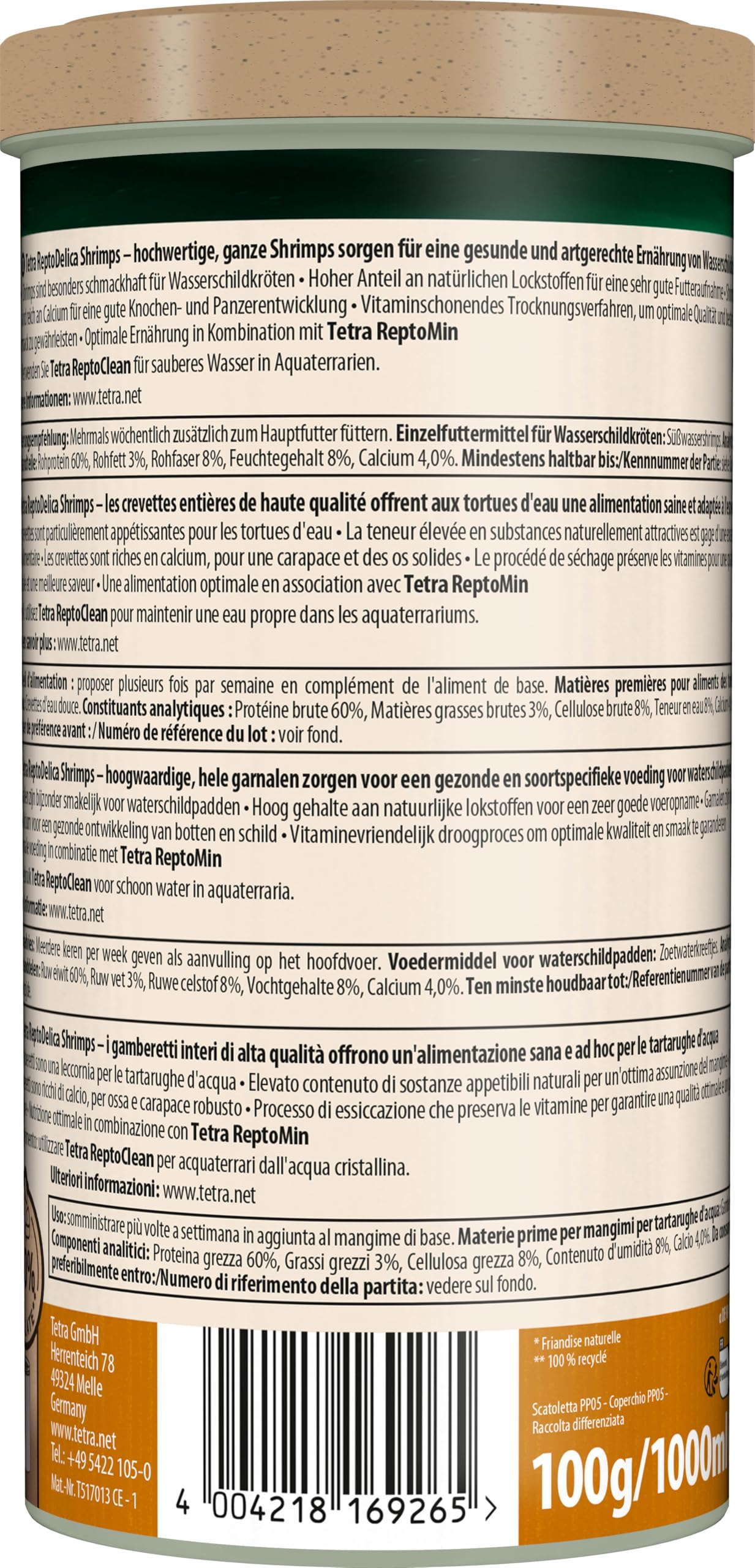 Tetra Repto Delica Shrimps - Manjares para tortugas acuáticas, Lata de 1 L