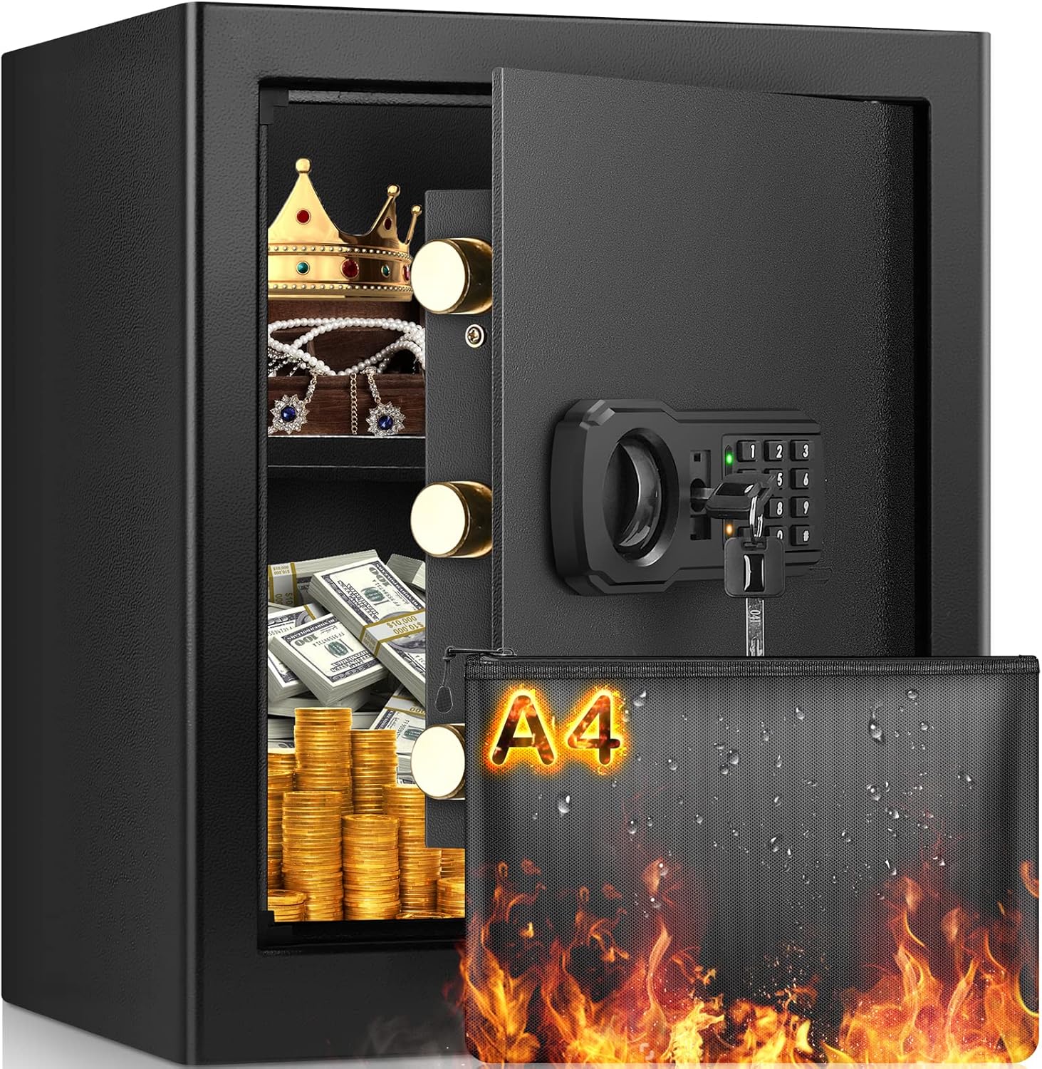 2.2 Cubic Large Fireproof Safe Box with Fireproof Waterproof Document Bag, Personal Home Security Safe with Removable Shelf, Combination Lock Box for Money Shotgun Jewelry Documents Christmas Gift