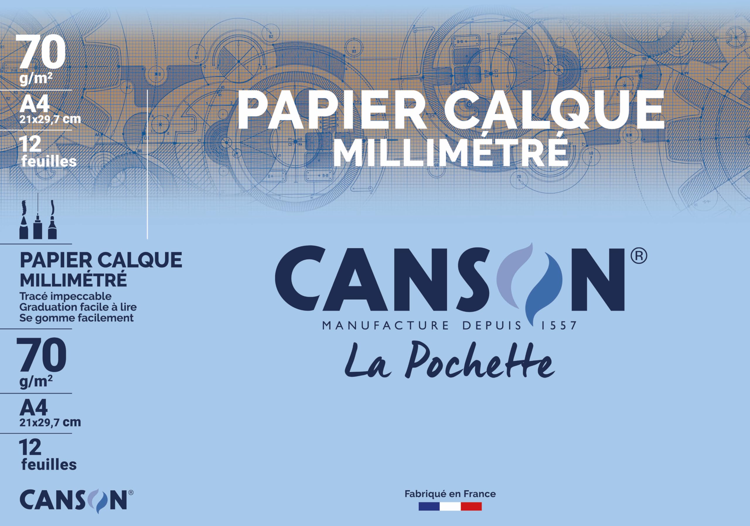 CANSON Papier Calque Millimétré Bistre A4 70g/m² Pochette 12 Feuilles