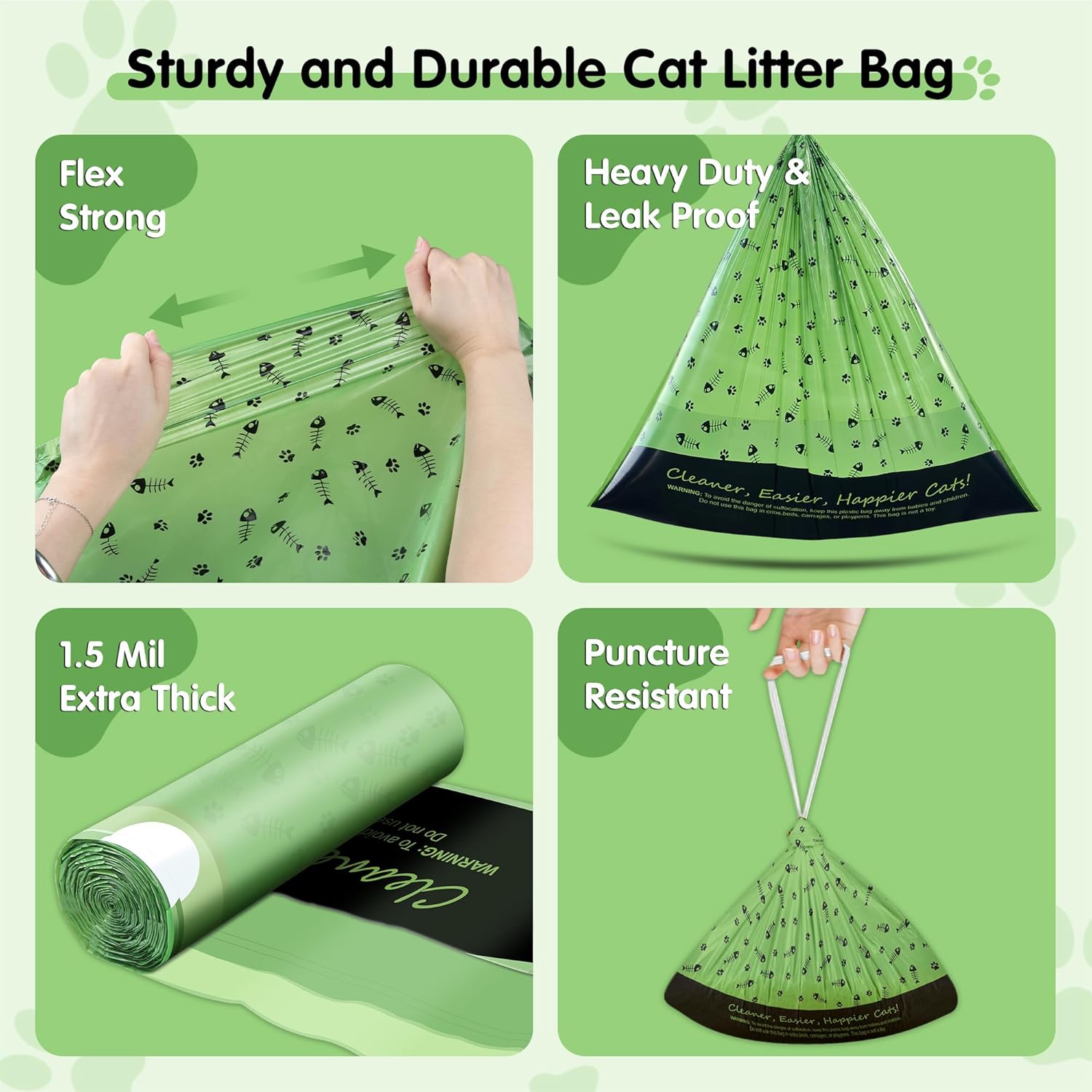 Close-up images demonstrating the durability and features of the litter box bags