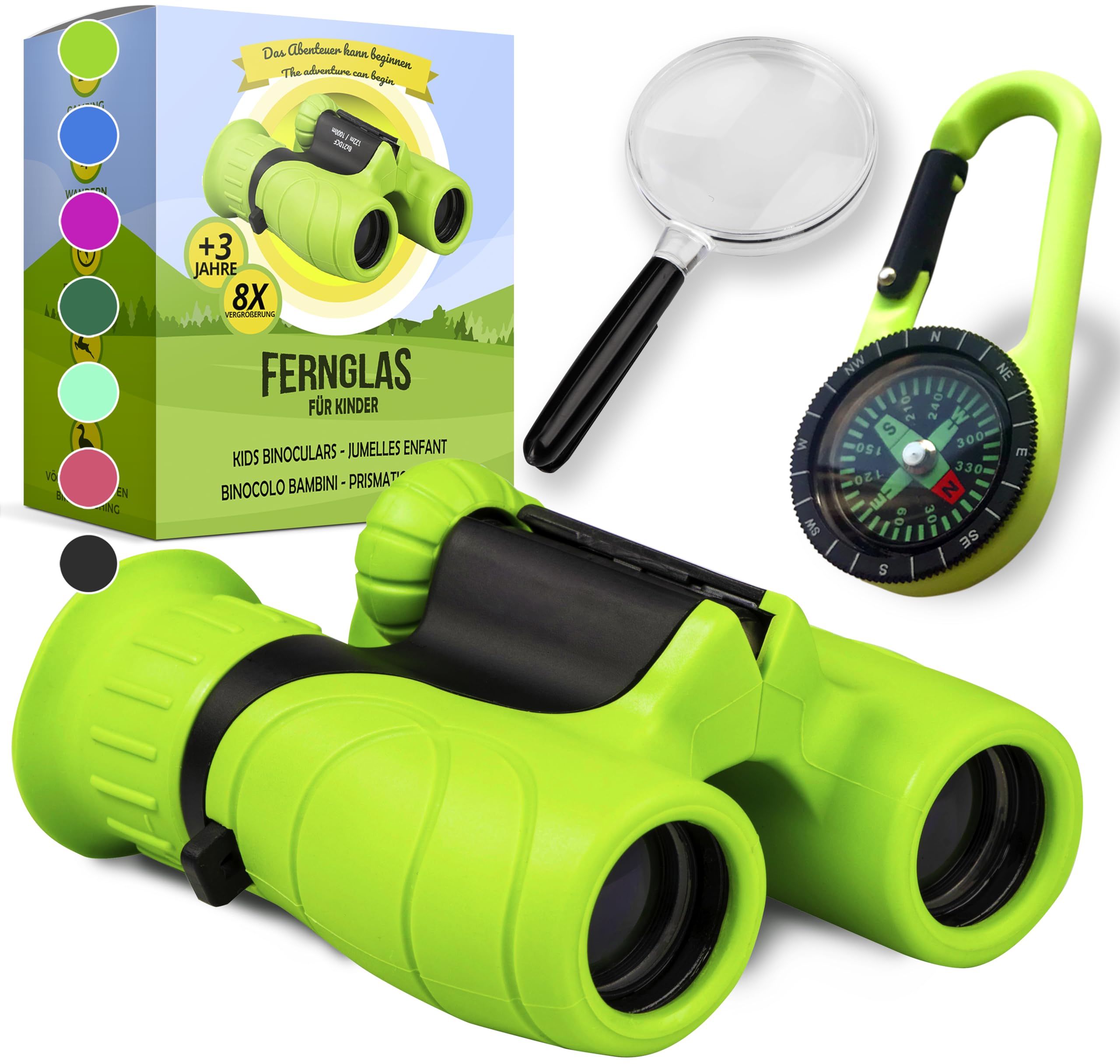 Fernglas für Kinder kleine Jungen und Mädchen - Starke Vergrößerung 8X21 – Großes Set inkl. Lupe & Kompass – Spielzeug für 3 – 12 Jahre (grün)