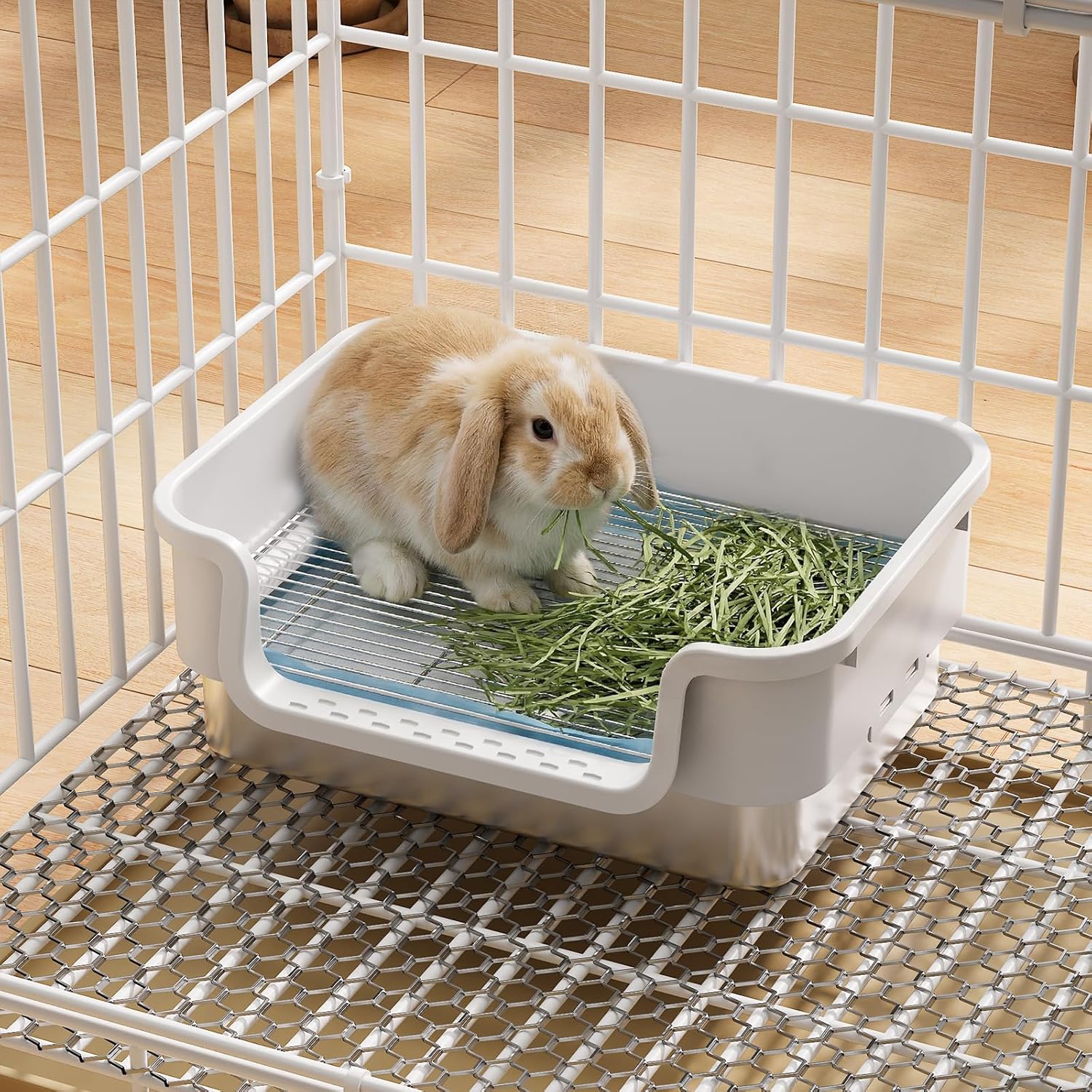 Stainless Steel Sifting Litter Box for Rabbit, Bunny Cage Accessories with Metal Grate, Split Double-Layer, Easy Clean for Adult Hamster, Guinea Pig, Ferret, Galesaur, Bunny and Other Animals