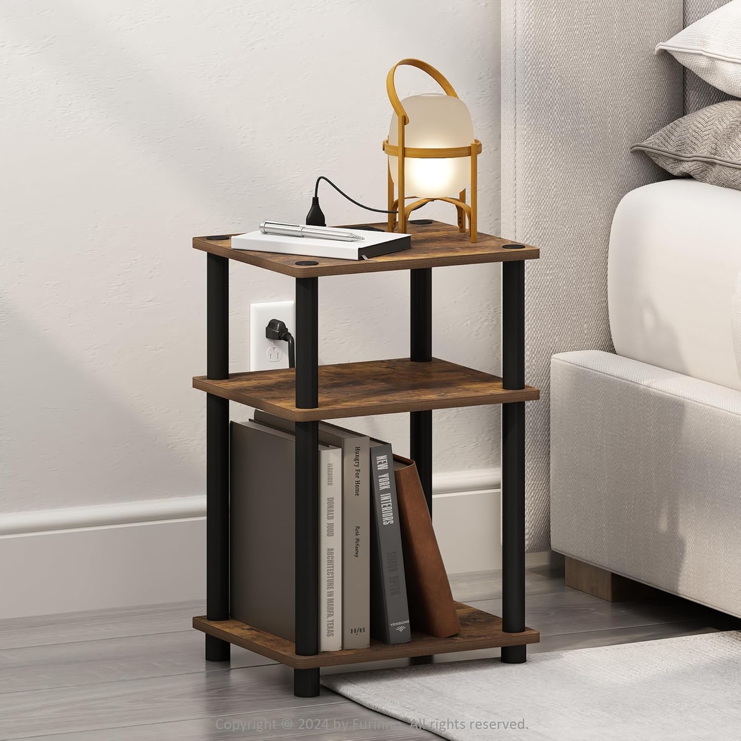 Furinno JUST Night Stand, 3-Tier Turn-N-Tube Nightstand with Charging Station, Bedside Table, End Table, Side Table with USB and Type-C Charging Port, for Bedroom, Living Room, Amber Pine Amber Pine/Black 1-Pack 3 Tiers Charging Station