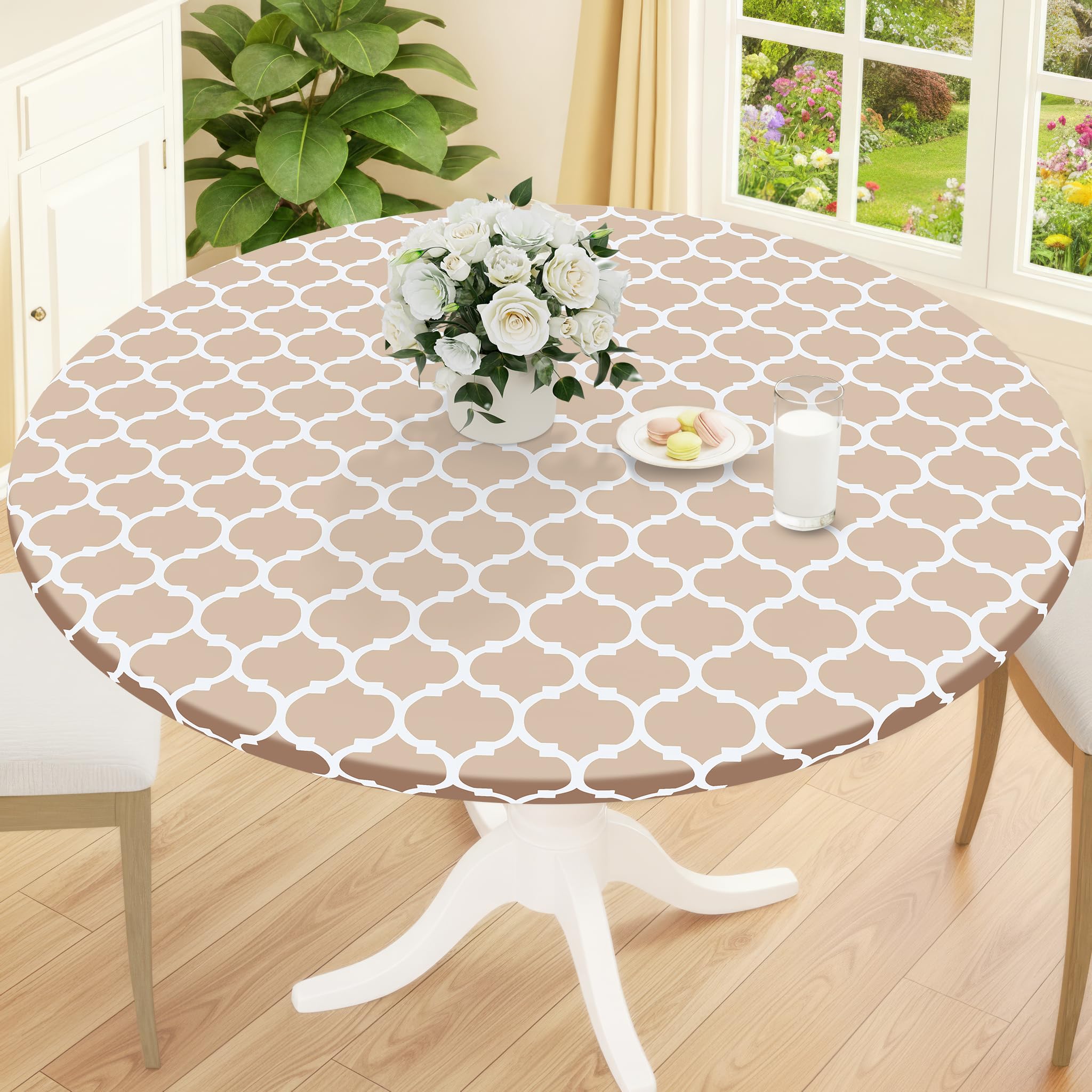 Photo 1 of Smiry Round Picnic Tablecloth, Waterproof Elastic Fitted Table Covers for 42" - 50" Tables, Wipeable Flannel Backed Vinyl Tablecloths for Camping, Indoor, Outdoor, Khaki & White
