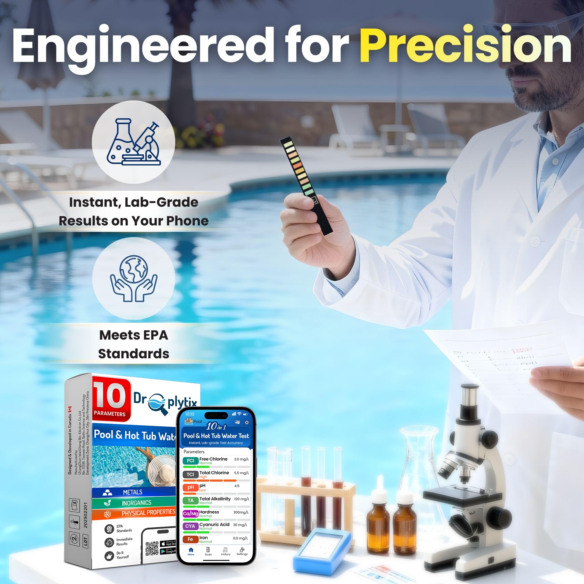 DROPLYTIX 10-in-1 Pool & Spa Water Test Kit with App, Hot Tub, Saltwater, Chlorine, Alkalinity, Hardness, pH, Nitrate, Sulfate, Digital Water Quality Testing Strips (DXPOOL-R10-S10) - image 6
