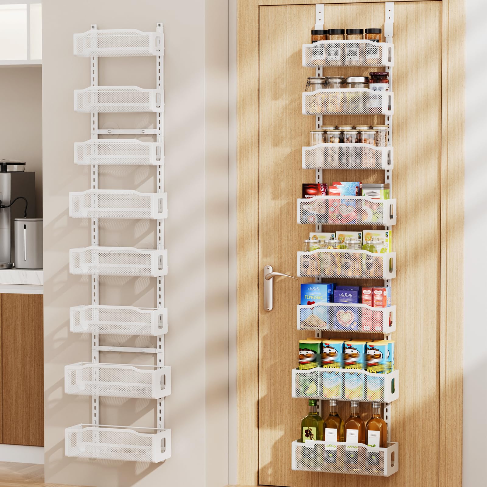 Photo 1 of Delamu 8 Tier Over the Door Pantry Organizer, 2in1 Hanging or Wall Mount Spice Rack Seasoning, Adjustable Heavy-Duty Narrow Pantry Door Organizer and Storage for Kitchen Cabinet and Bathroom,12" White