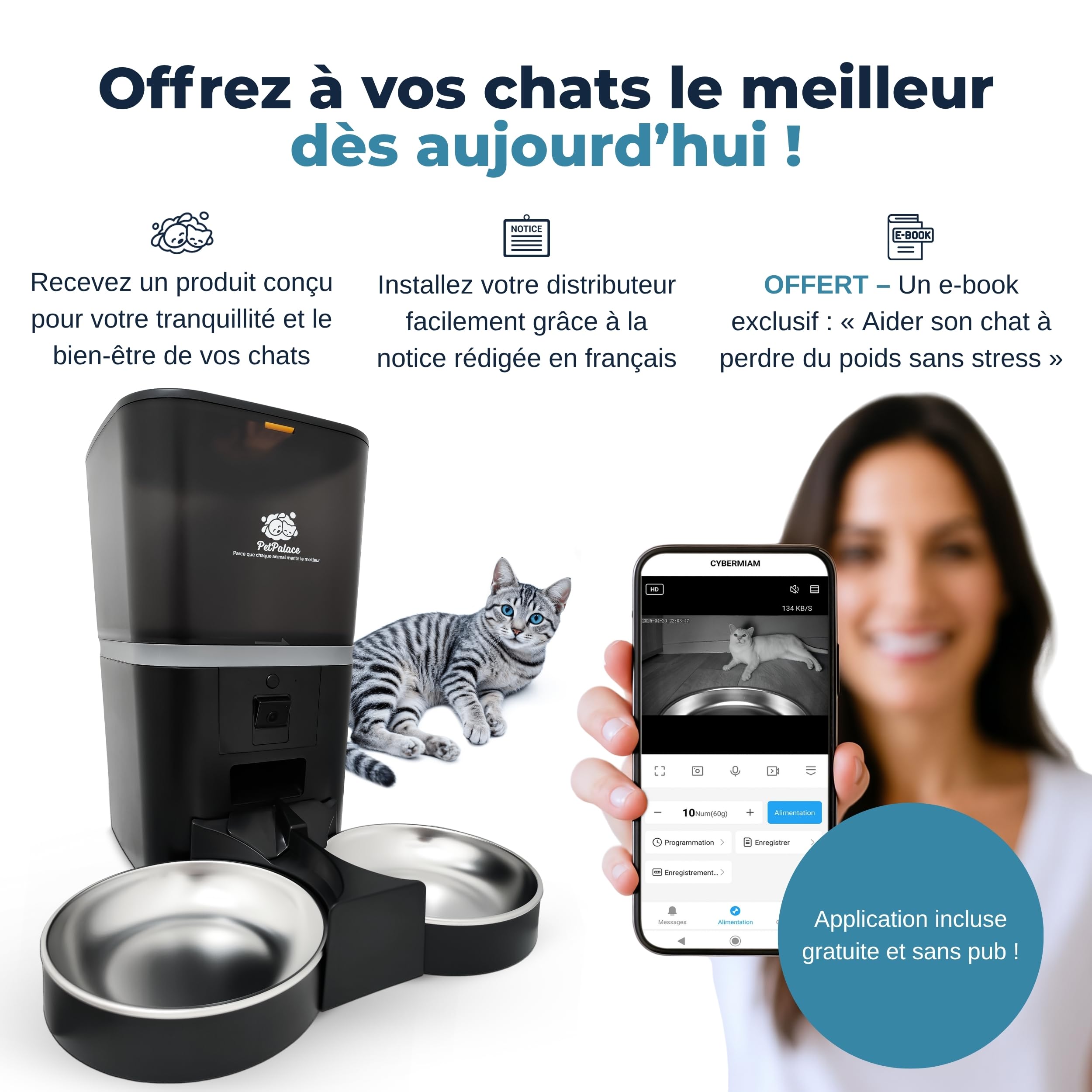 Distributeur croquettes Chat Automatique Double gamelle avec caméra – Nourriture équitable pour 2 Chats ou Plus – Surveillance à Distance – Sérénité pour Vous, Confort pour eux