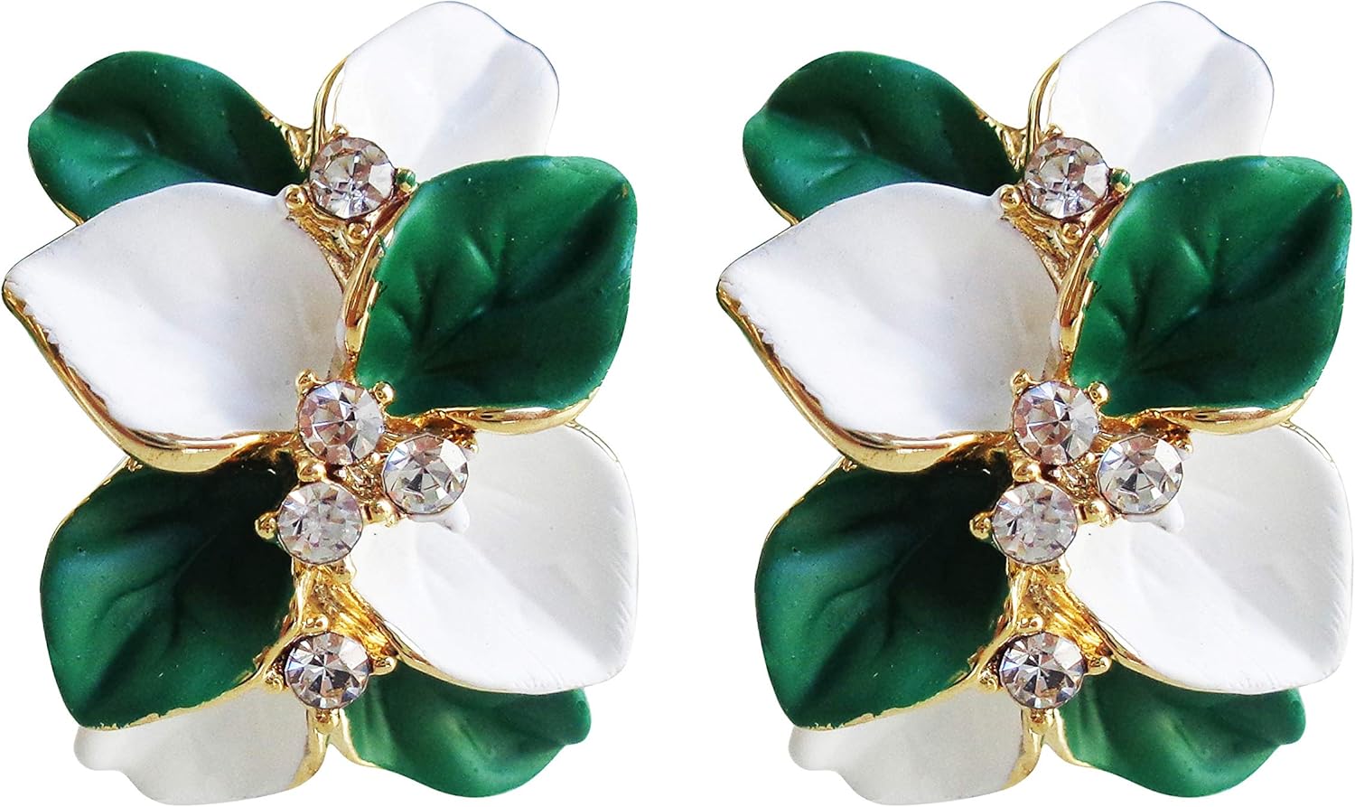 Navachi 18k Gold Plated White Crystal Double Enamel Leaves Flower Omega Back Earrings
