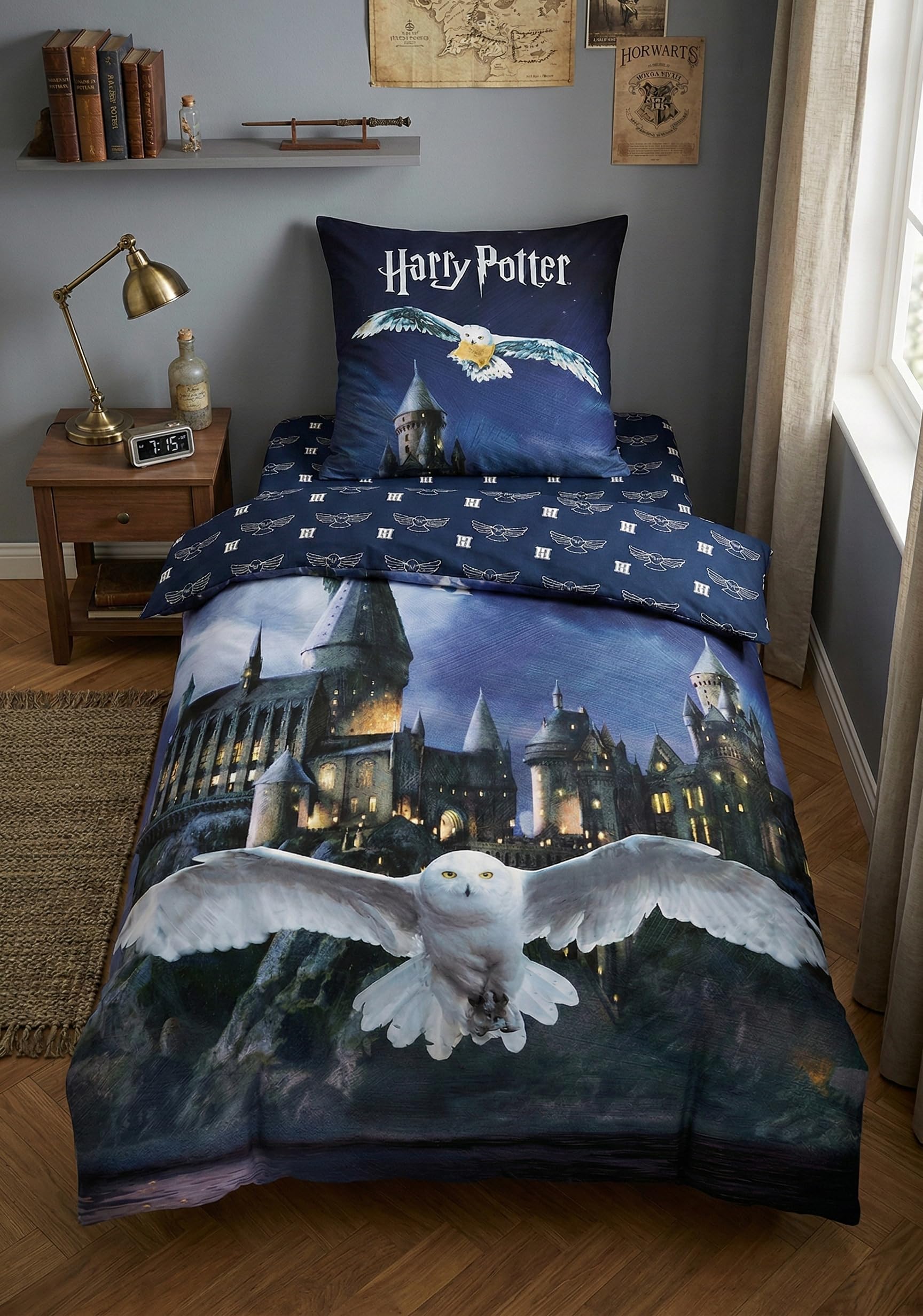 Harry Potter Poudlard Hedwige Parure Lit 3 Pièces 140x200 + Taie | Housse de couette + drap-housse 90x190 | Polyester ultra doux | Wizarding World officiel | Ado | Cadeau | Lavable en machine