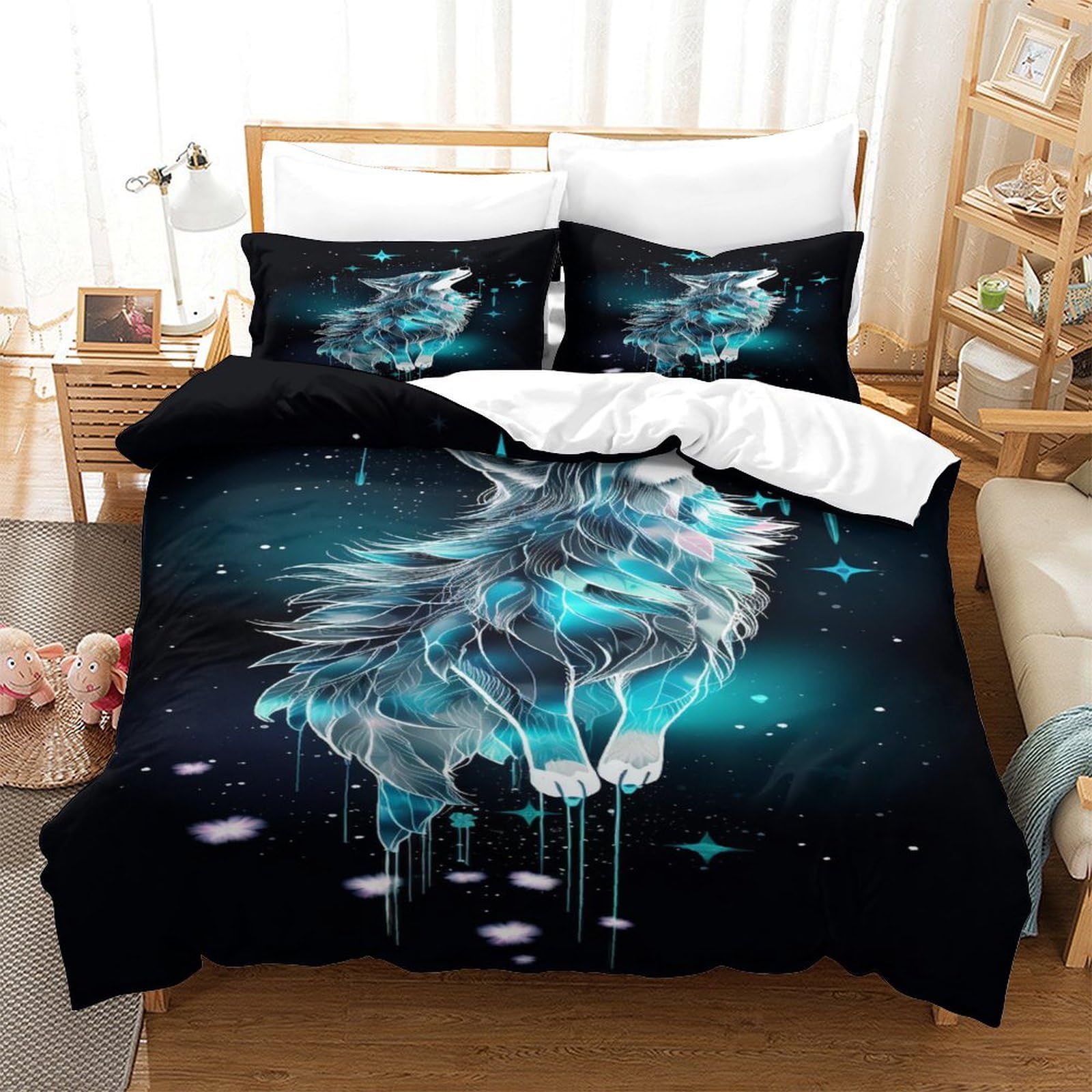 Housse de couette loup 140x200 cm avec 2 taies d'oreiller pour lit simple