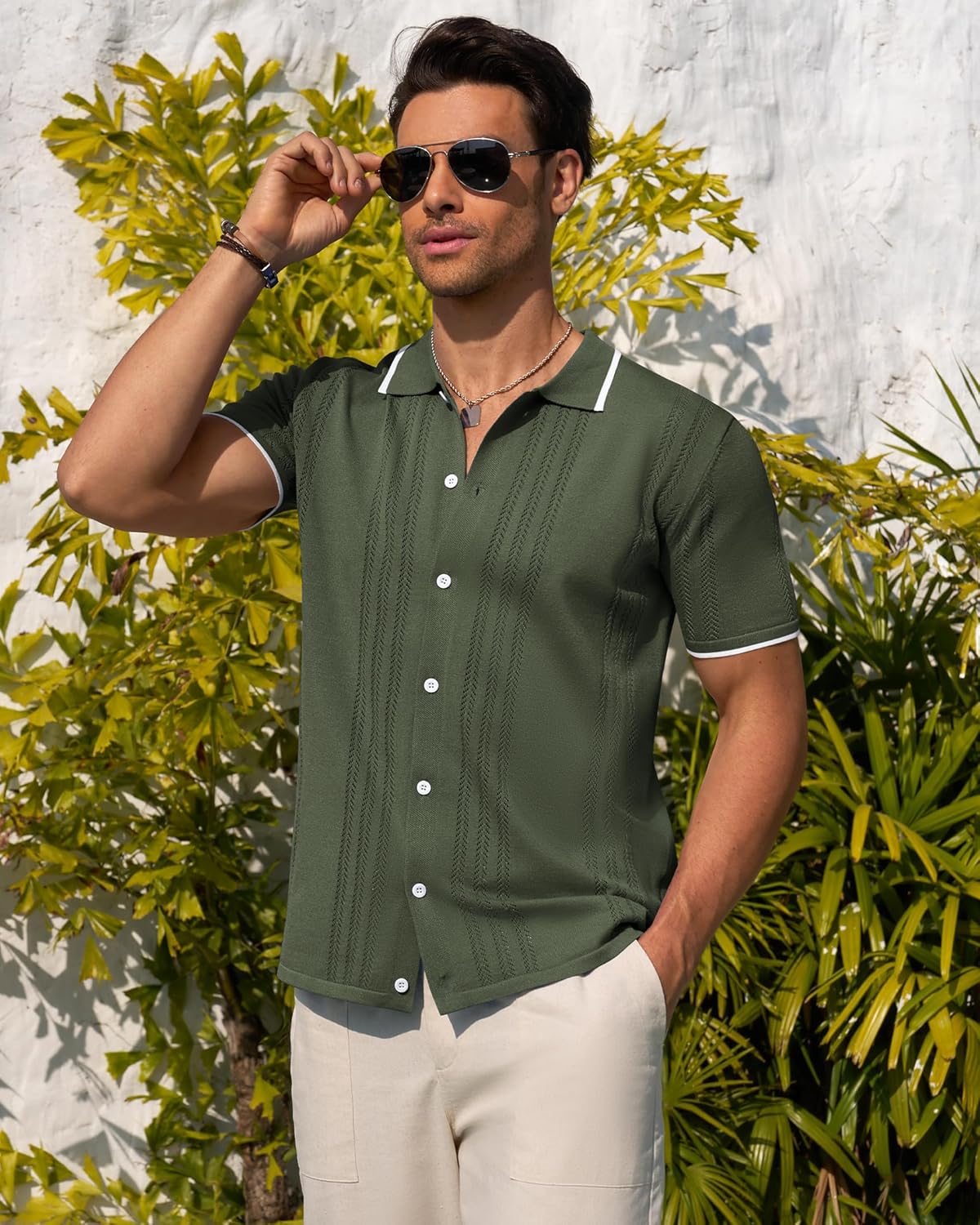 Alimens & Gentle Mens Knit Shirt Short Sleeve Button Down Shirt Textured Casual Summer Beach Polo Shirts - Image 2