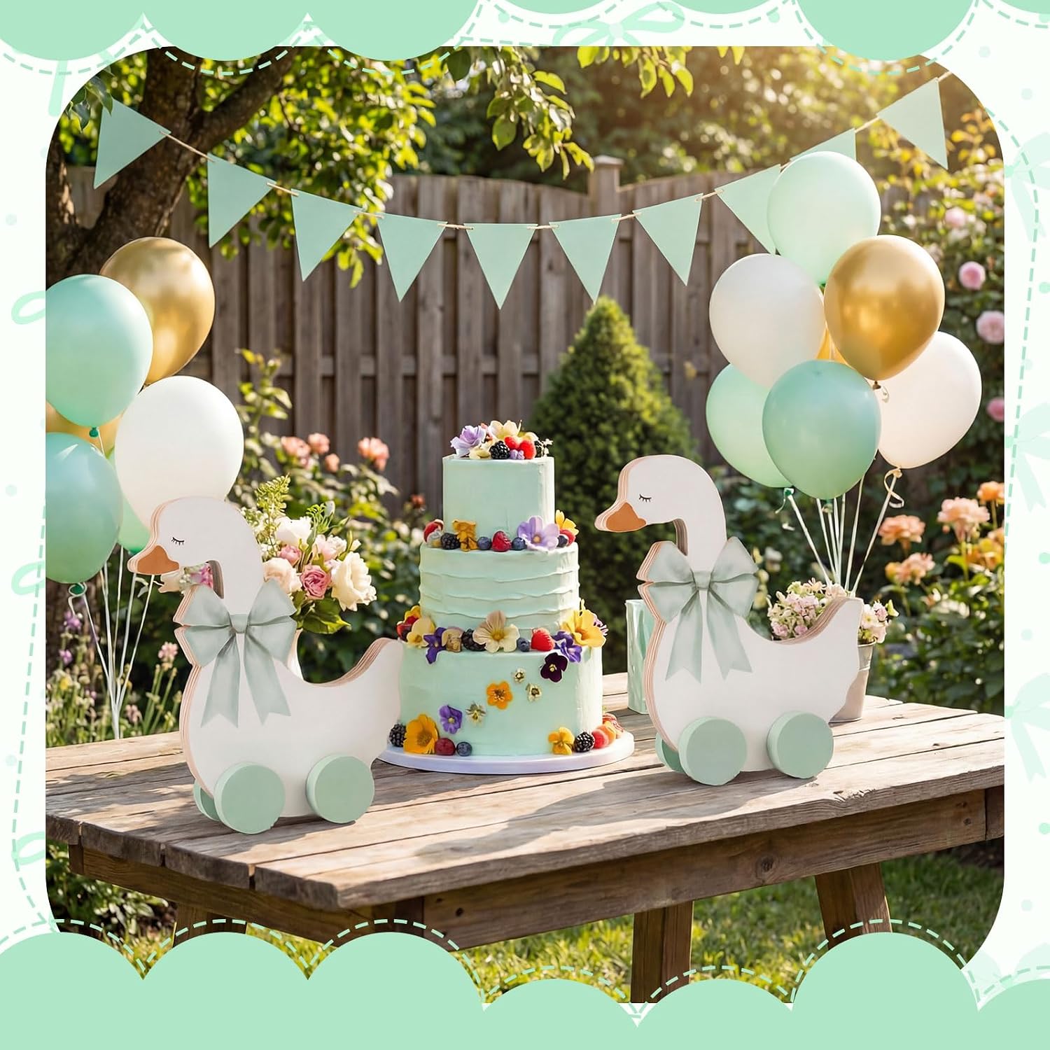 yousoontic 2 pcs silly goose baby shower table centerpieces wooden silly goose birthday decorations with floral prints for 1st birthday party, baby shower photo prop 9 x 9.8 silly goose green bow