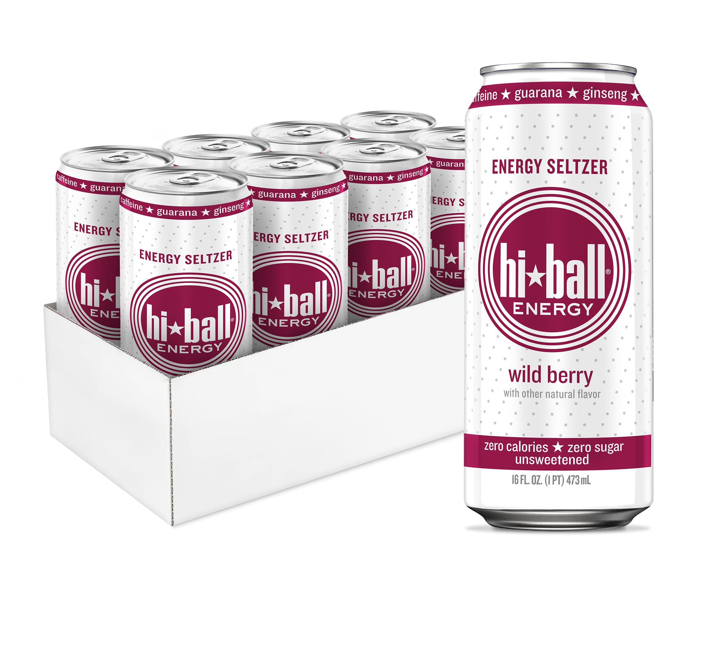 Hiball Clean Energy Drink - Wild Berry - Zero Sugar, Zero Calorie Sparkling Water with 160mg Organic Caffeine, 50mg Organic Ginseng, 50mg Organic Guarana and B Vitamins - 16 fl oz (8-Pack)