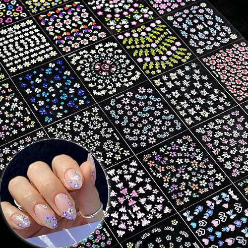 Miniatura 6 de 30 hojas de calcomanías de arte de uñas de flores autoadhesivas 3D, suministros de arte de uñas coloridas flores de rosa, margaritas y cerezos,