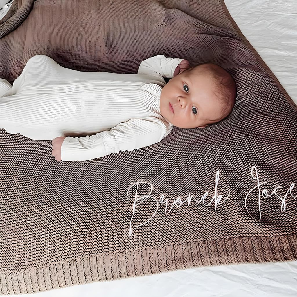 Personalized Baby Blanket, Custom Embroidered Blanket with Name, Chunky Knit Baby Blanket, 40 * 30inch, Handmade Nursery Blankets, Newborn Baby Gifts for Boy/Girl, Birthday