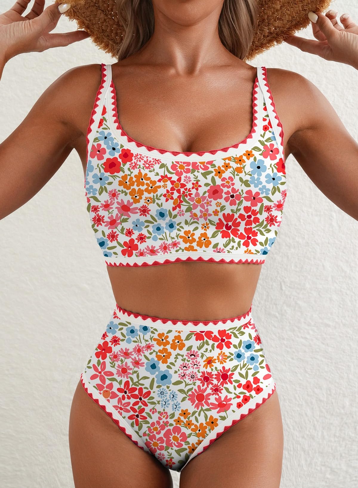 Herseas Ensemble de maillot de bain bikini 2 pièces pour femme, imprimé floral, points roulés, taille haute | Encolure dégagée, couverture complète, bretelles réglables, reliure contrastée, sans armatures, coussinets amovibles
