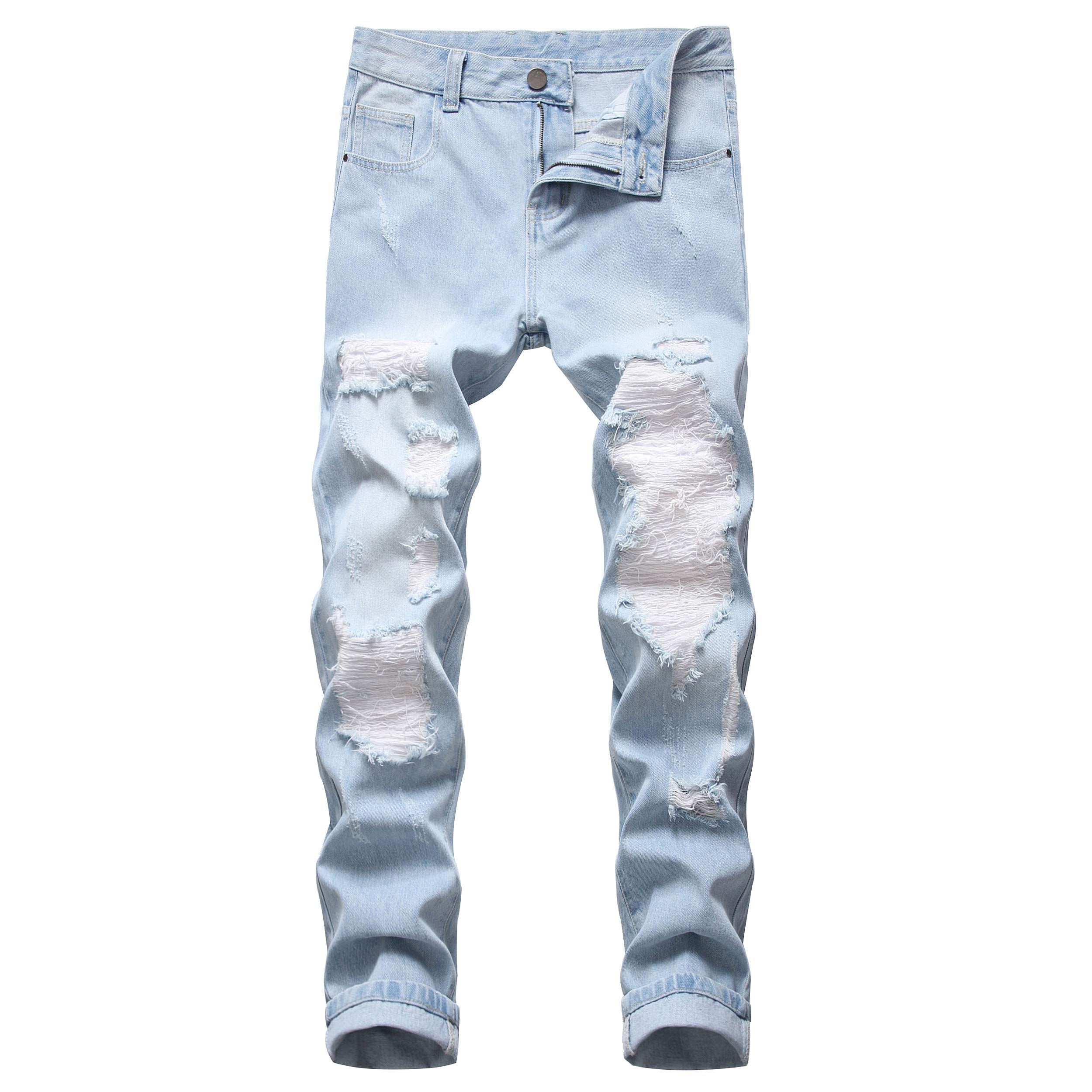 Men's Ripped Distressed Destroyed Slim Fit Straight Leg Denim Jeans