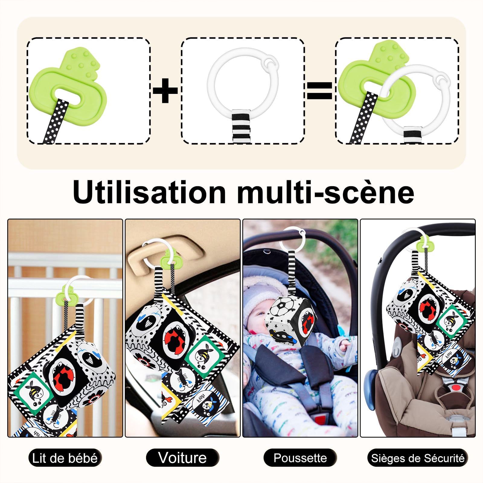 HappyKidsClub Jouet Livre Tissu Montessori Bébé Eveil 0-12 Mois Carte Noir et Blanc Bébé Cadeau Naissance Fille Garcon Jouet Sensoriel Hochet Bebe