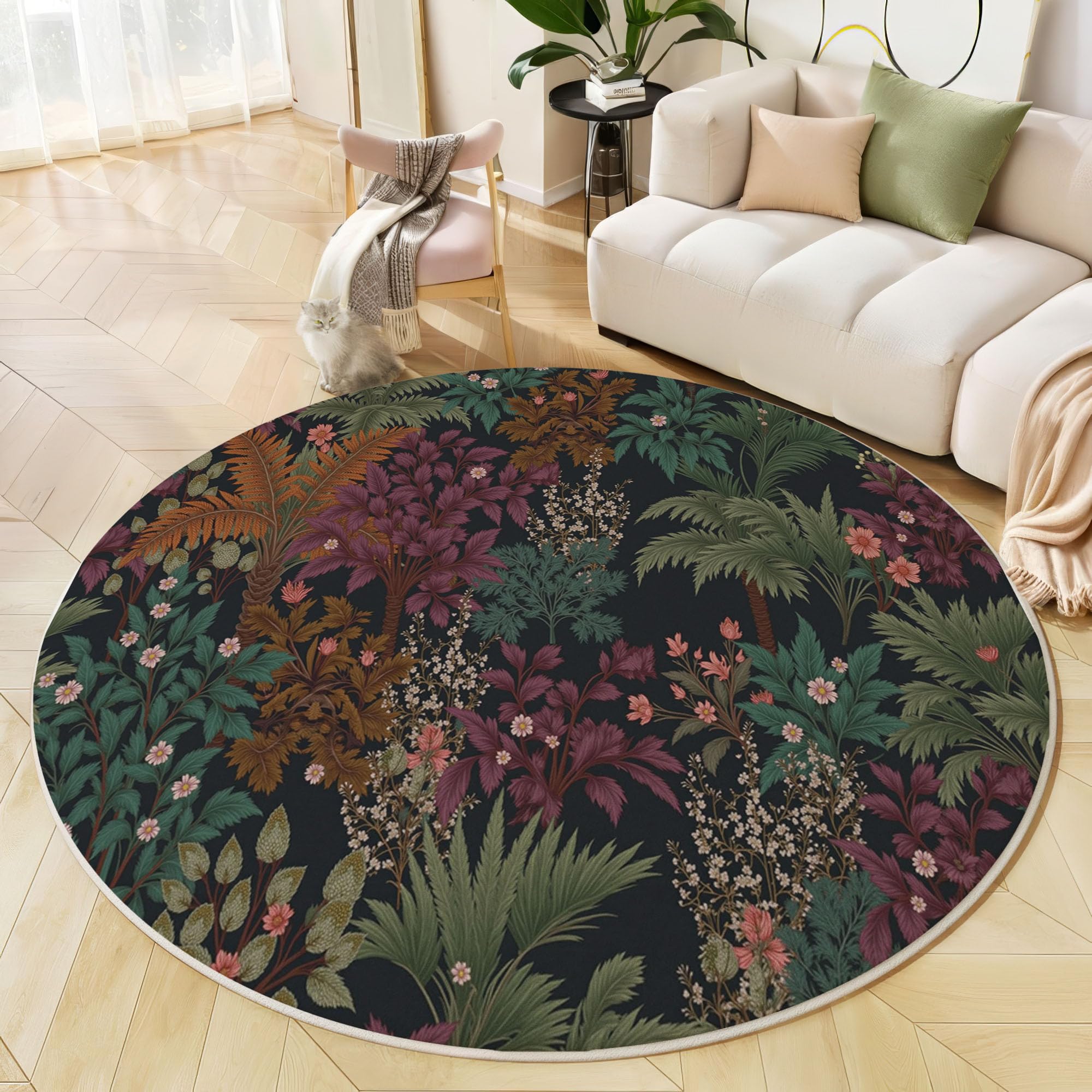 Tapis rond jungle anti-glisse et facile à laver tapis noir plantes tropicales