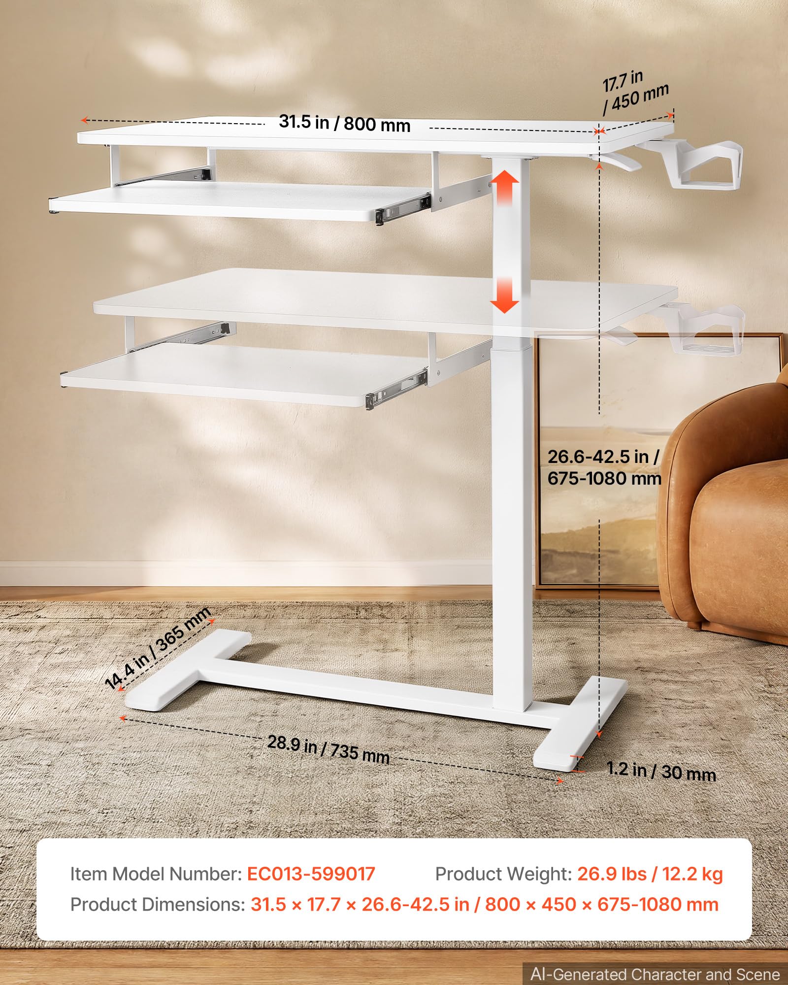 VEVOR Table de Lit à roulettes Cachées 80x45cm Plateau pour Clavier Blanche