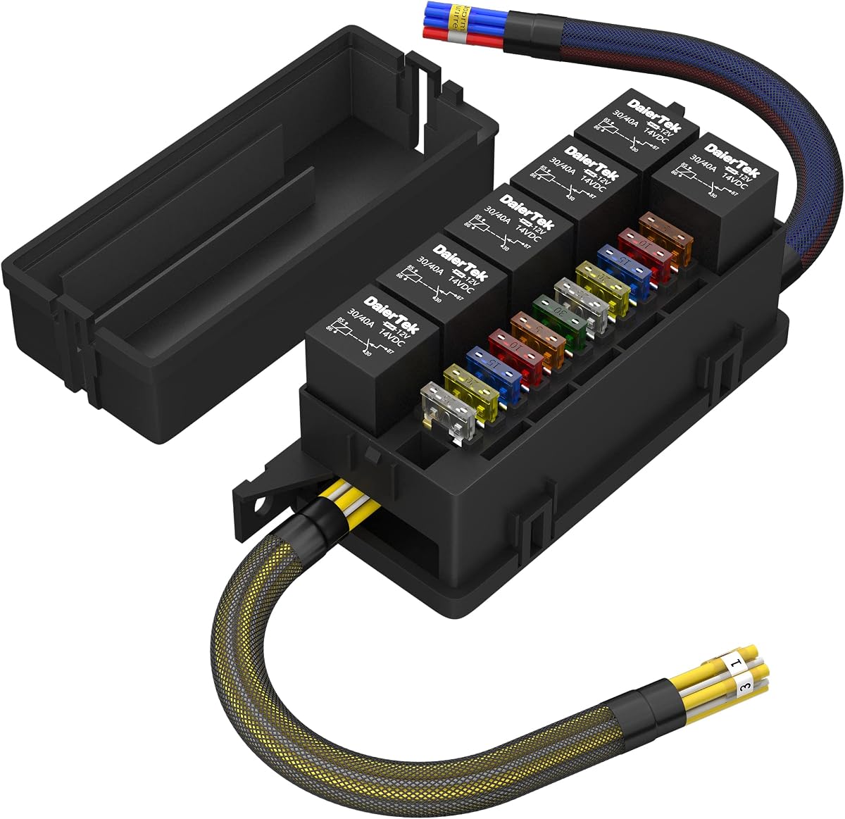 Caja de relés RVBOATPAT 12V con 6 relés y fusibles de hoja ATC/ATO de 11 vías, fusibles precableados y caja de relés Bloque de caja de fusibles de relé de 12 Vlot para embarcación marina automotriz