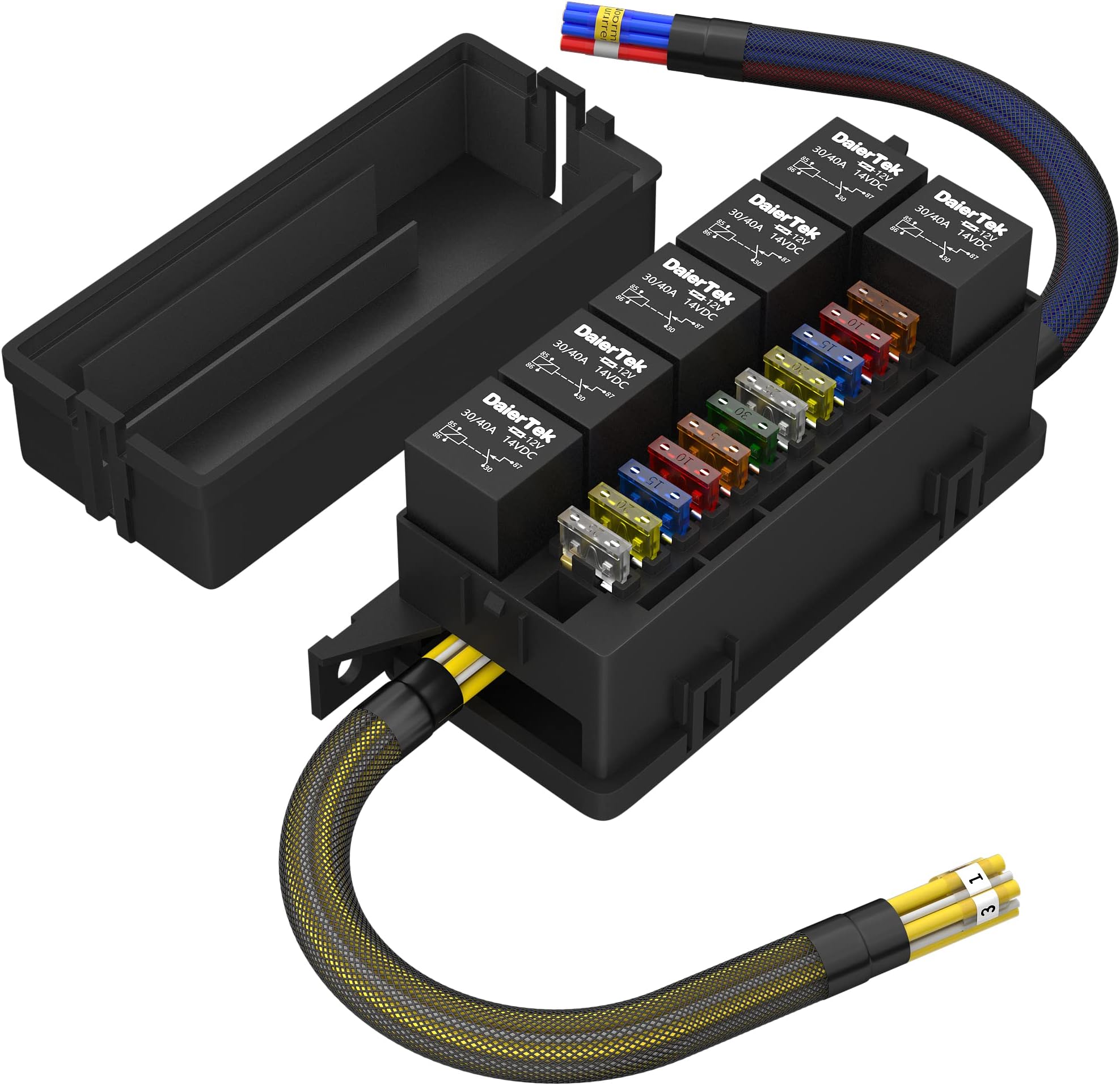 RVBOATPAT 12V Fuse Relay Box with 6 Relays and 11 Way ATC/ATO Blade Fuses, Pre-Wired Fuse and Relay Box 12 Vlot Relay Fuse Box Block for Automotive Marine Boat
