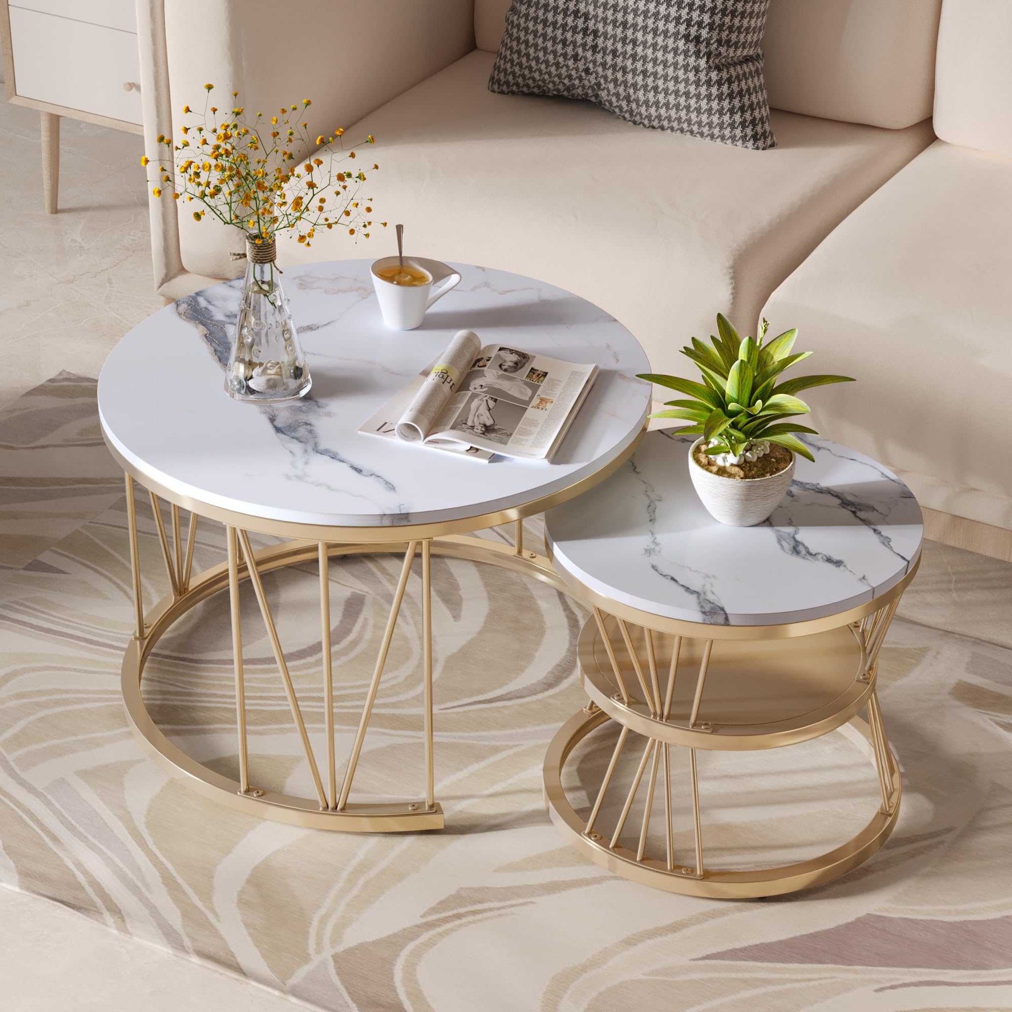 Set di 2 Tavolini Estraibili Rotondi in Marmo, Tavolino Rotondo in Marmo, Tavolini Estraibili da Salotto, Tavolino Rotondo, Estraibile, Tavolino Rotondo per Salotto, 70×70×45 cm+45×45×40 cm