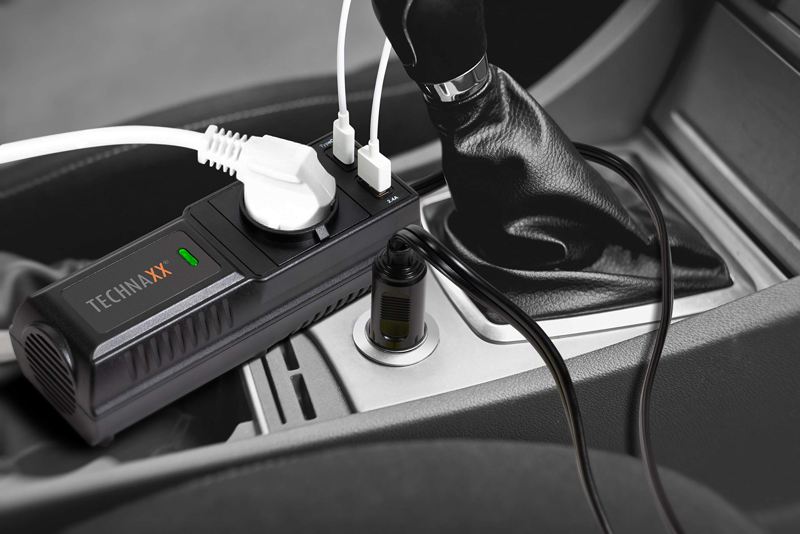 Technaxx Car Inverter 200W, convertidor de voltaje de 12V a 230V con 2 puertos USB, 1 toma Schuko, protección de alto/bajo voltaje y sobrecarga - Transformador de voltaje para encendedor TE21