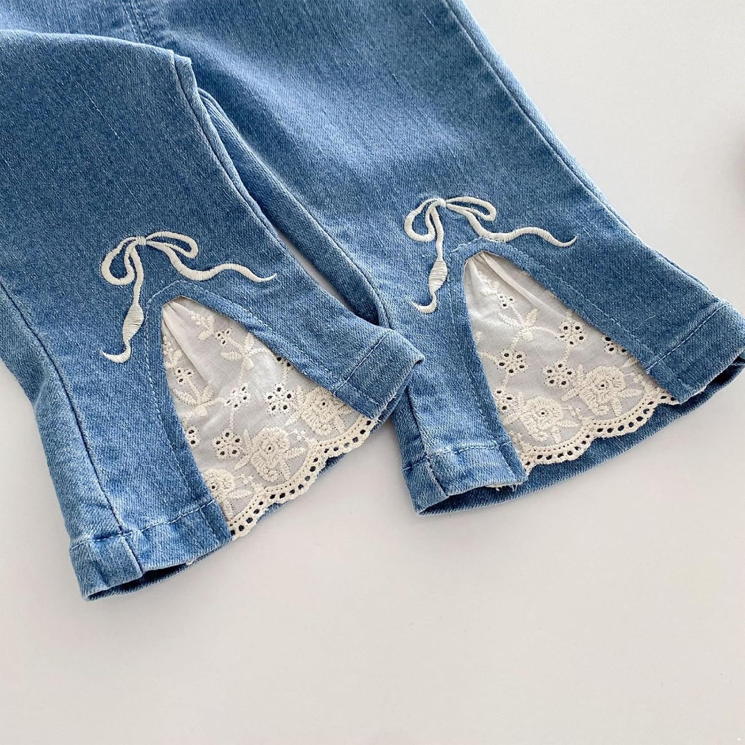 Toddler Baby Girls Vintage Flare Jeans Embroidered Bow Lace Patchwork Denim Trousers