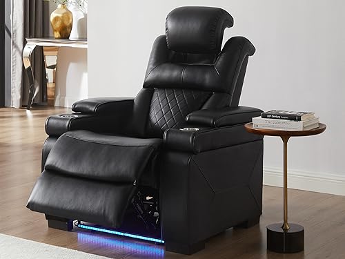Miniatura 12 de THSUPER Juego de sofás reclinables de cuero transpirable con potencia con luz LED, asientos reclinables de cine en casa con reposacabezas Negro