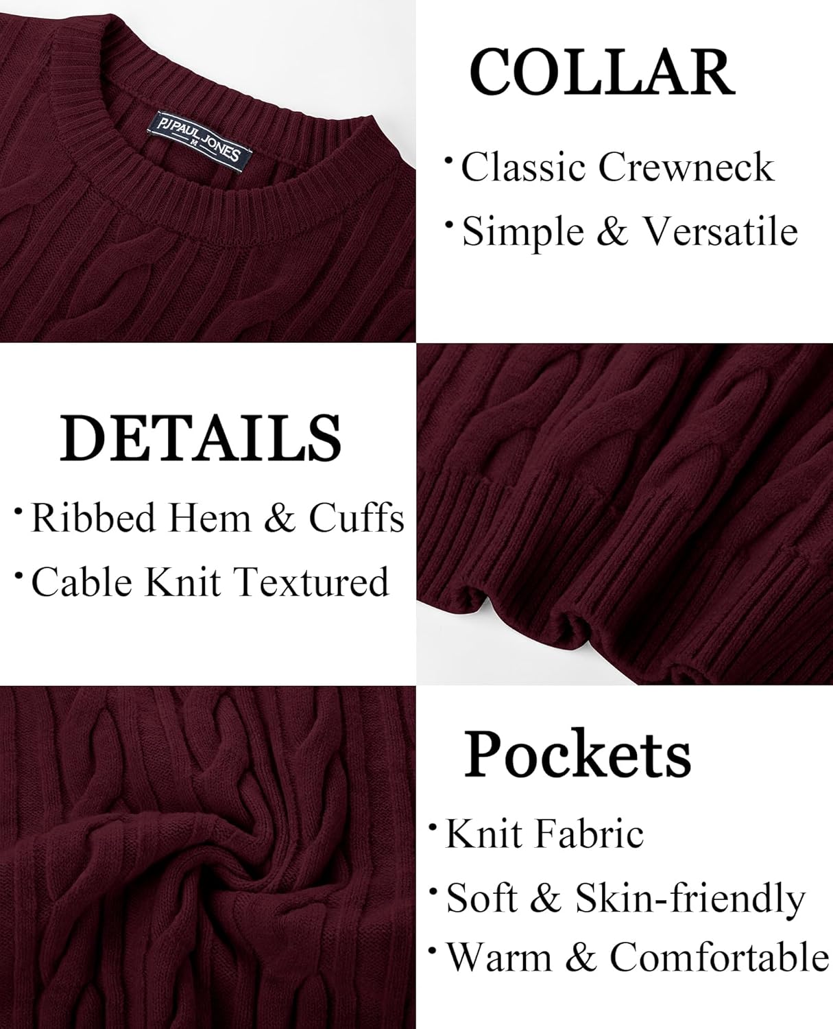 PJ PAUL JONES Mens Sweater Crewneck Cable Knit Pullover Sweater Casual Twist Textured Sweaters - Image 4