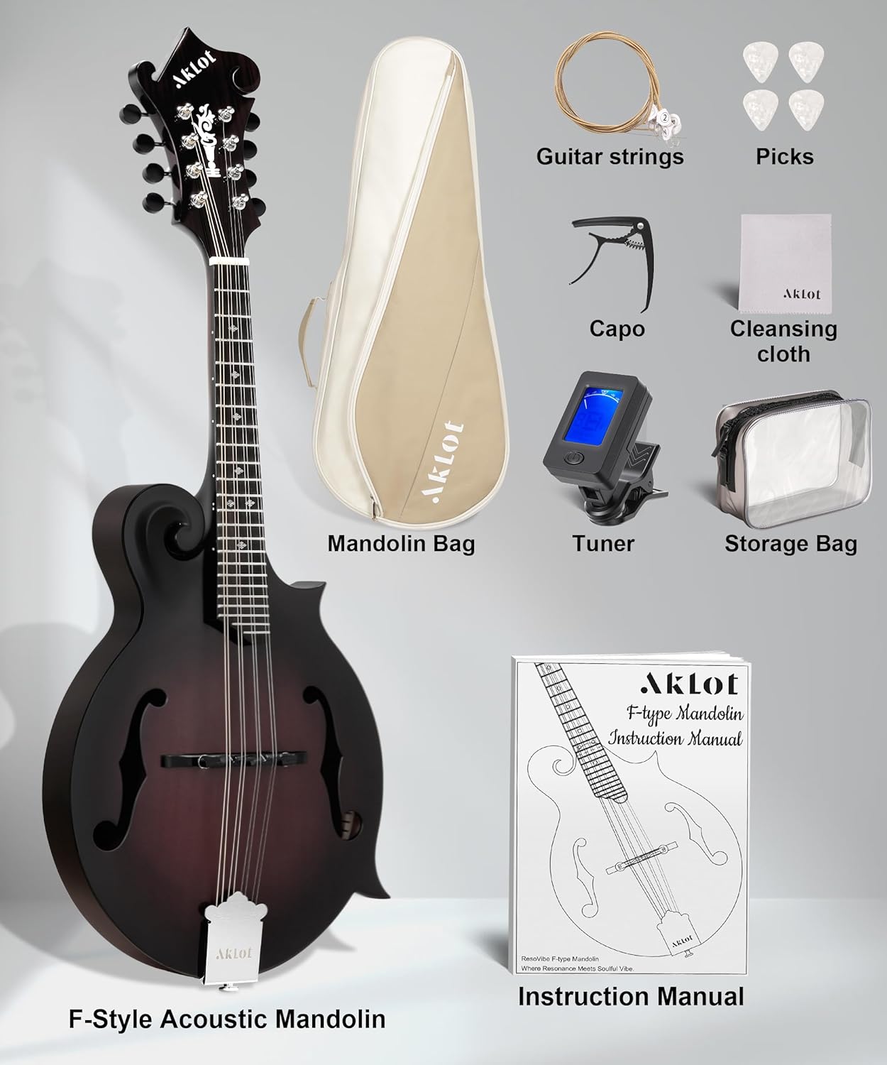 AKLOT F-Style Acoustic Mandolin Instrument: Hand-Carved Classic Scroll Headstock, Mahogany Body and Natural Bone Nut, Deluxe Mandolin Bundle with Padded Bag, Tuner, Capo and Picks (RV-FMT)